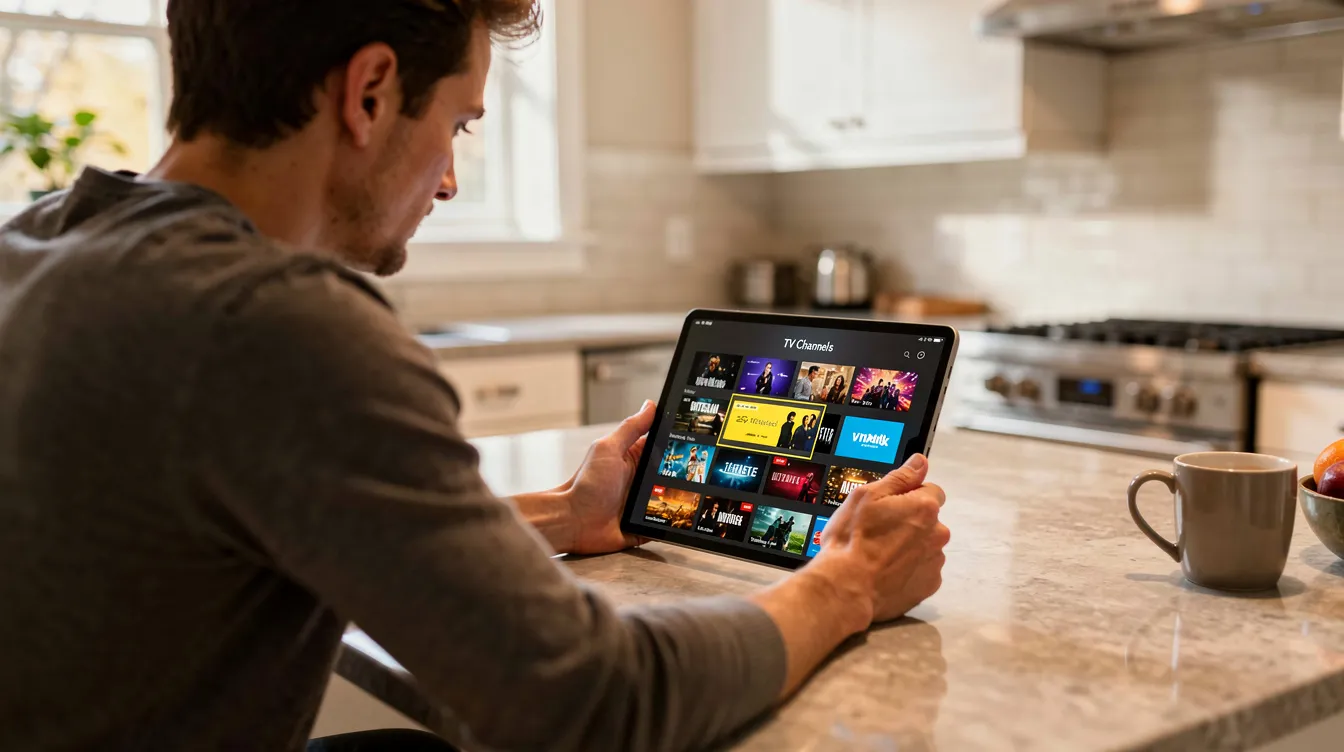 A person is sitting at a kitchen counter, browsing through live TV channels on a tablet device, exploring various options for entertainment. The scene suggests a comfortable and modern setting, highlighting the convenience of using an IPTV service for seamless streaming of movies, TV shows, and live sports.