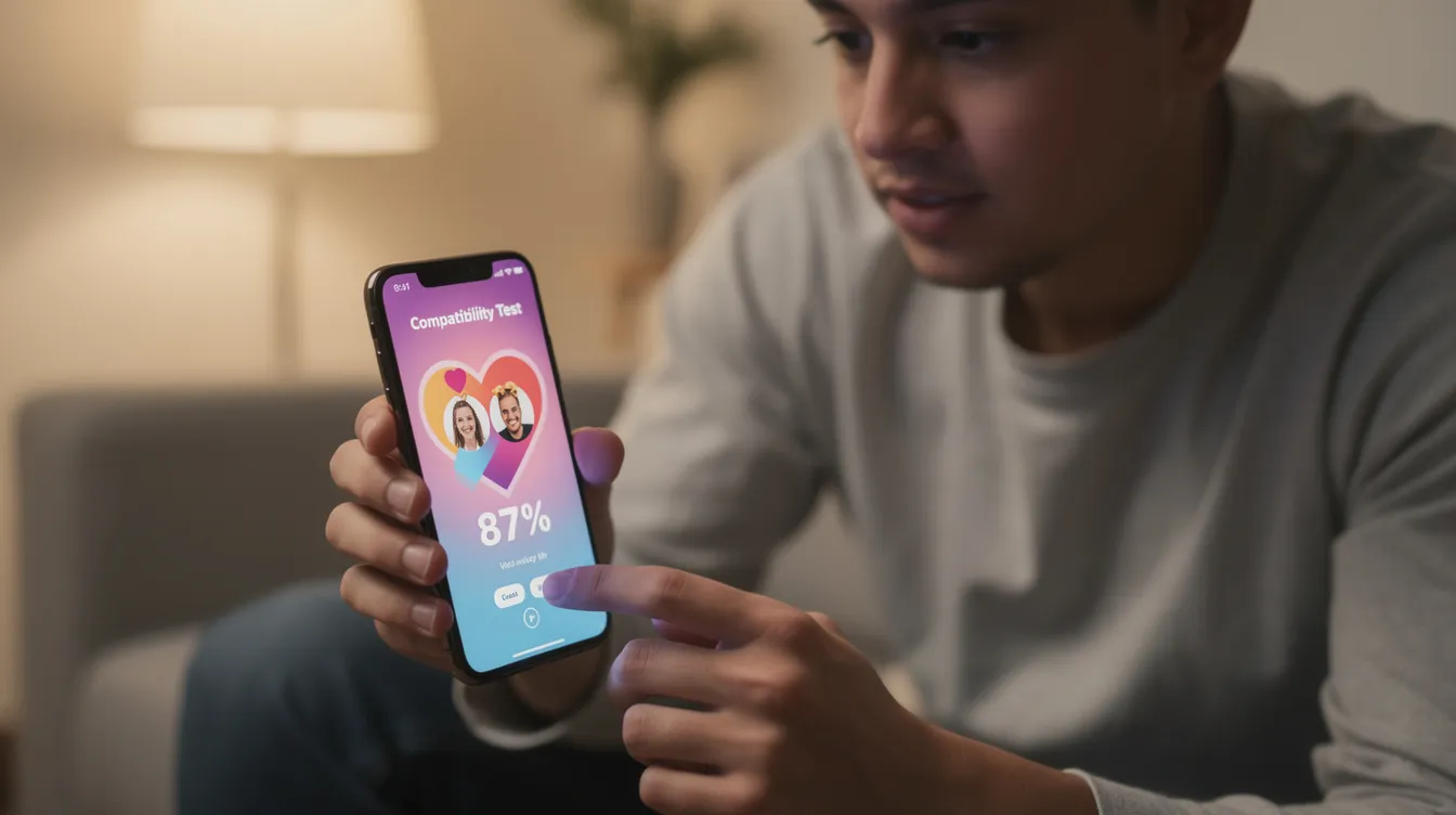 A person is sitting on a couch, intently looking at their phone while taking a dating compatibility test. The screen displays a love compatibility calculator that uses zodiac signs to determine the relationship dynamics between two people, offering insights into their feelings and compatibility for the future.
