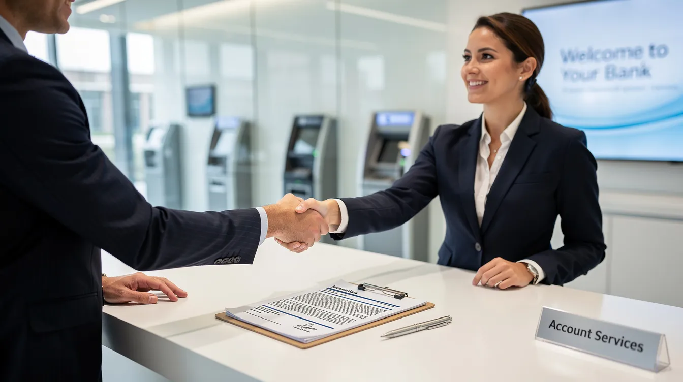 The image shows a professional shaking hands with a bank representative at a counter, with various documents related to financial transactions laid out on the table. This scene may involve discussions about a PAN card application or other income tax-related matters, emphasizing the importance of the permanent account number in the Indian tax system.