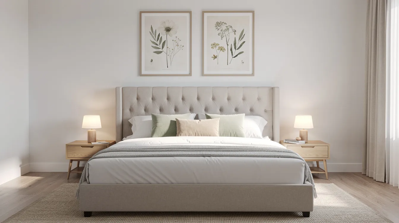 A serene bedroom features a pair of botanical prints above an upholstered headboard, creating a focal point that enhances the wall decor. The artwork adds visual interest and personality to the space, making it a perfect example of contemporary art in interior design.