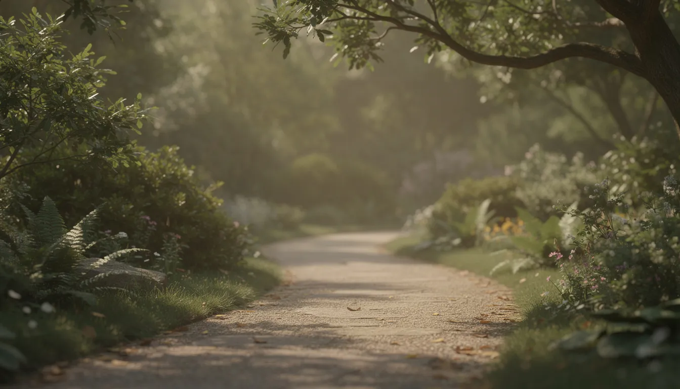 The image depicts a serene outdoor pathway winding through a tranquil garden filled with lush greenery, creating a calming atmosphere ideal for mental health recovery. This peaceful setting can serve as a reminder of the importance of a safe environment in mental health care and the healing power of nature.