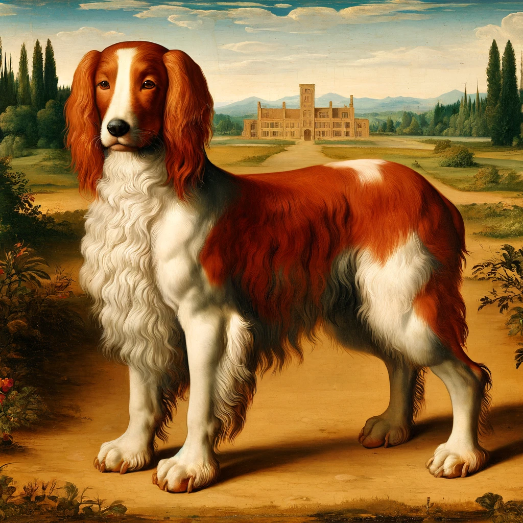 historical painting of a Welsh Springer Spaniel from the Renaissance period. The dog is depicted with its distinctive red and white coat