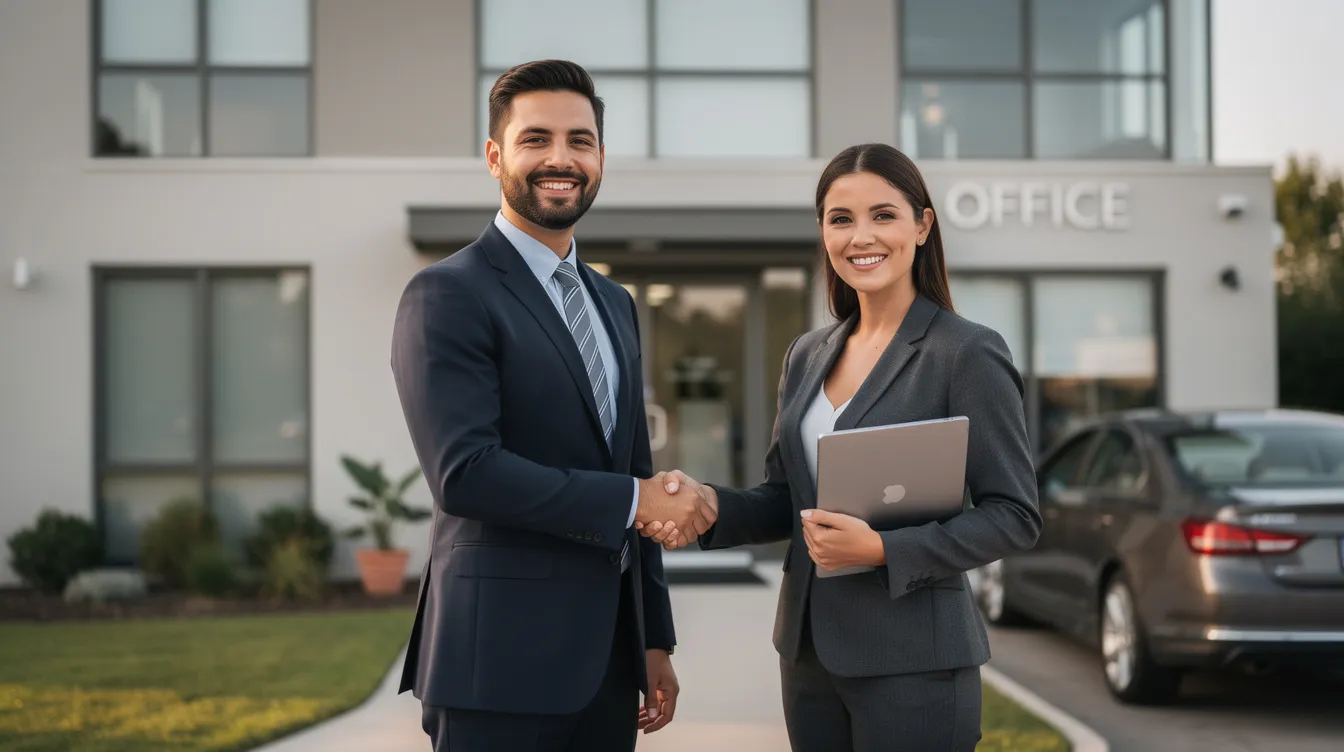 The image depicts two business professionals in formal attire shaking hands in front of a small office building, symbolizing a successful partnership. This scene illustrates the essence of local businesses in Gainesville, FL, emphasizing the importance of collaboration in achieving business goals and enhancing online visibility through effective SEO strategies.