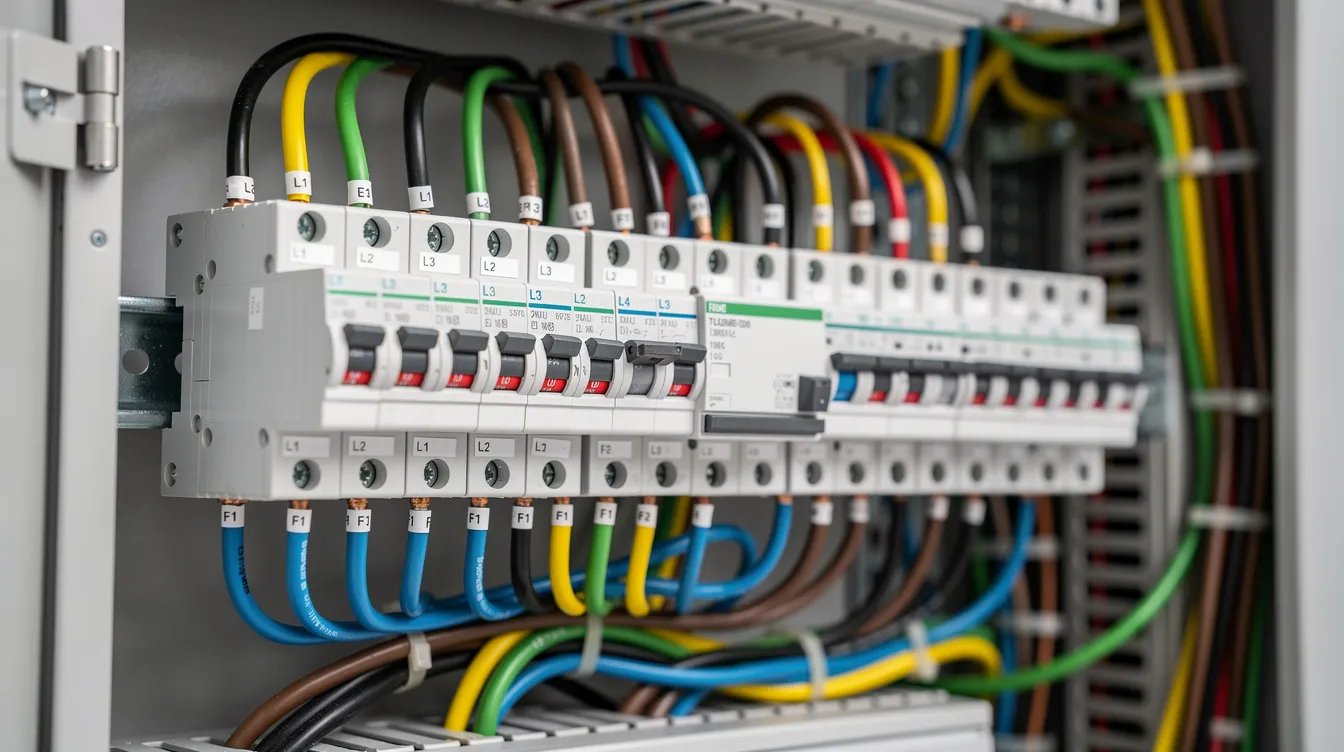Die Nahaufnahme zeigt einen modernen Elektro-Verteilerschrank, der mit aufgereihten Hutschienen-Geräten und bunten Kabeln ausgestattet ist, was auf eine fortschrittliche KNX Smart Home Installation hinweist. Diese Technik ermöglicht eine effiziente Gebäudesteuerung und erhöht den Komfort in jedem Zuhause.