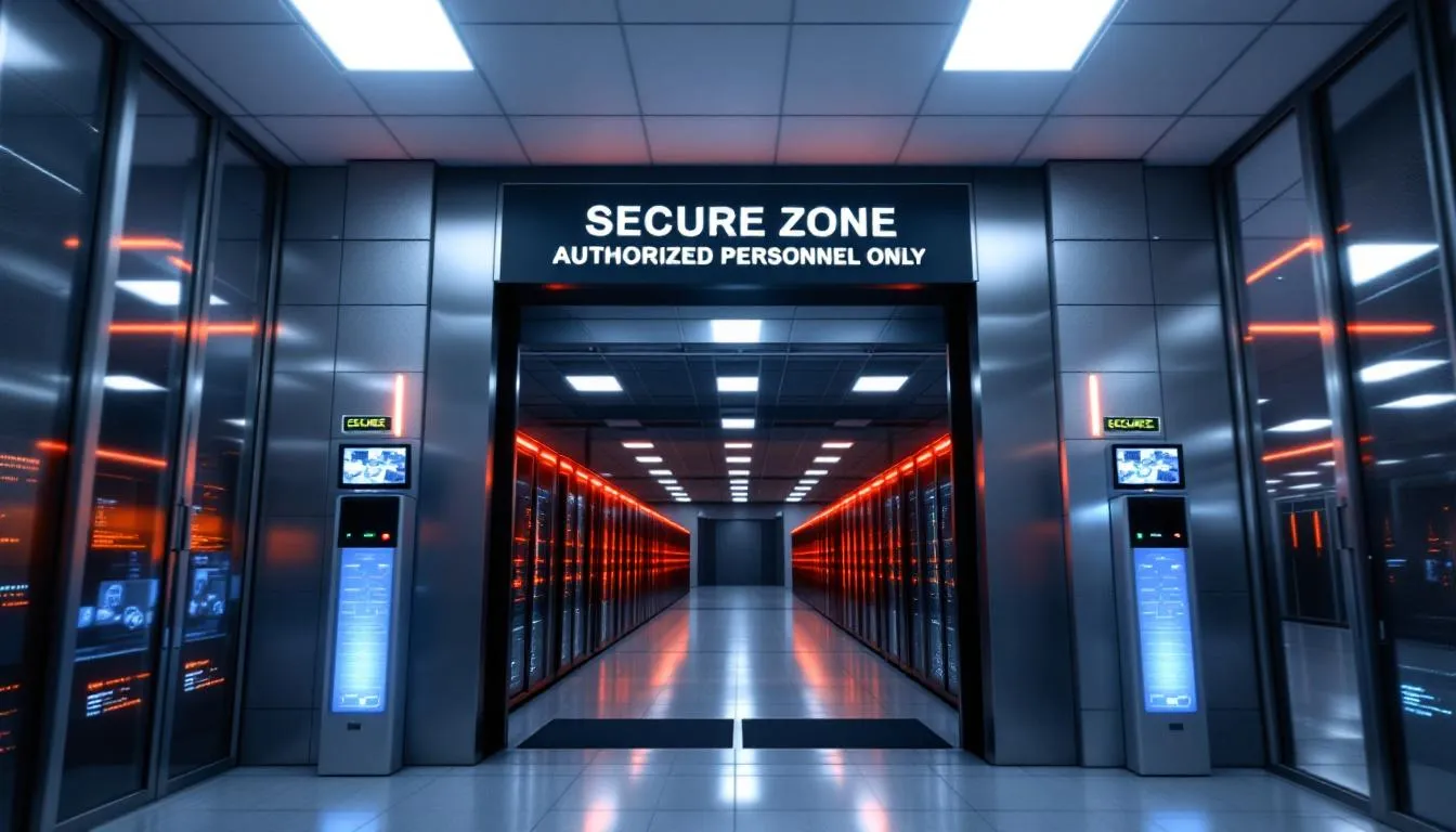 The image depicts a secure data center equipped with advanced security systems, showcasing compliance certifications prominently. This facility emphasizes data security and data analytics services, ensuring that sensitive data is protected while enabling businesses to leverage data for insightful analytics and informed decision-making.
