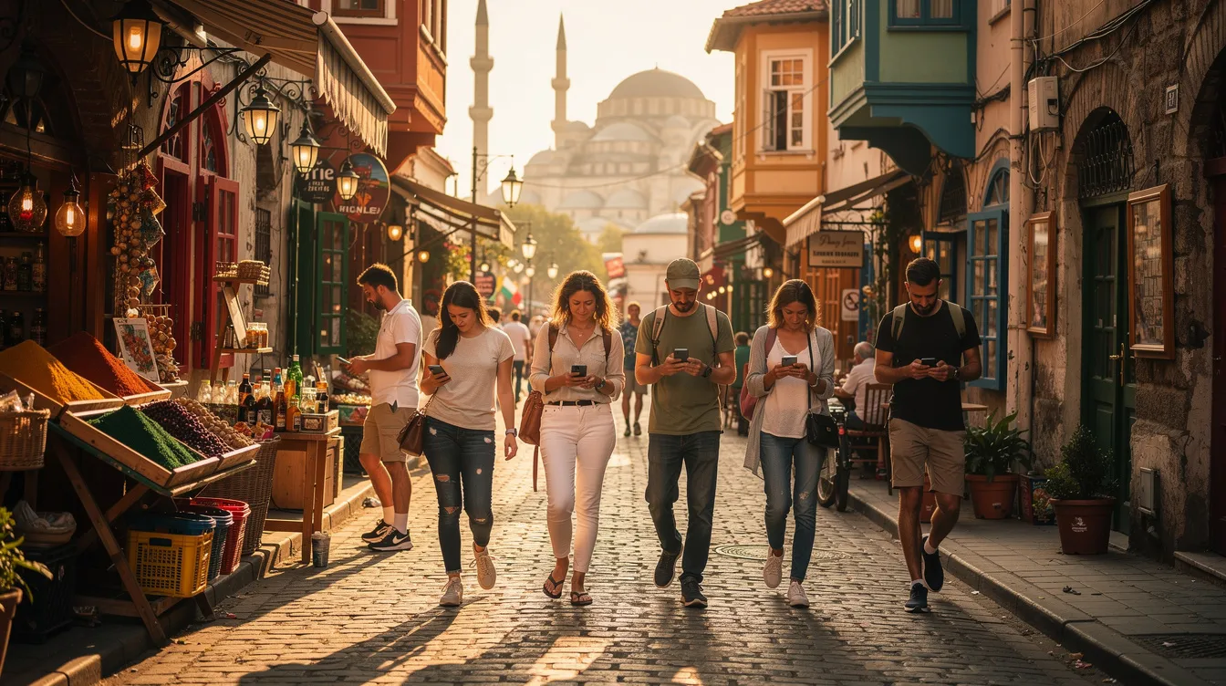 Un grupo de viajeros camina por las calles históricas de Estambul, sosteniendo teléfonos en la mano, mientras utilizan aplicaciones de navegación como Google Maps para explorar la ciudad. Las calles están llenas de arquitectura antigua y vibrante, reflejando la rica historia y cultura de Turquía.