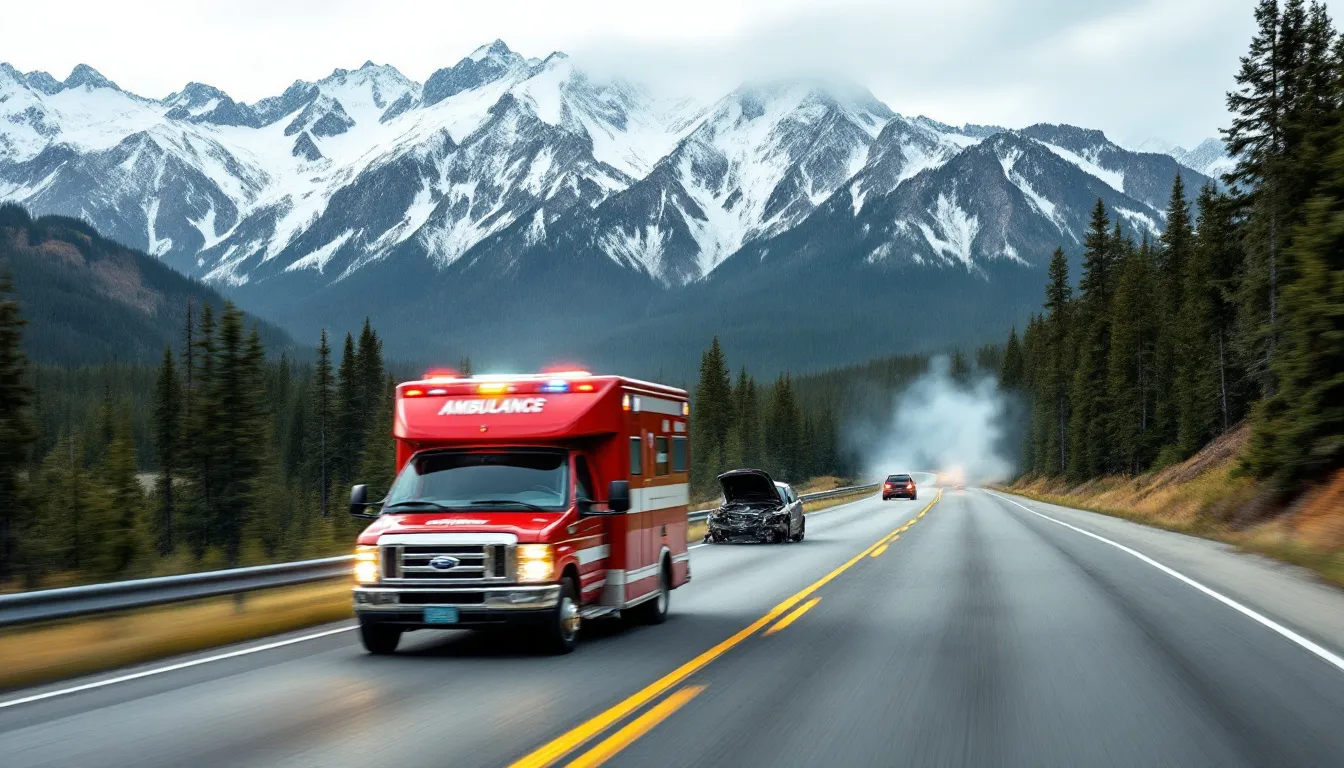 An ambulance is driving on a highway with majestic mountains in the background, while a vehicle accident scene can be seen in the distance, suggesting the need for a car accident lawyer for victims seeking fair compensation and assistance with their claims.