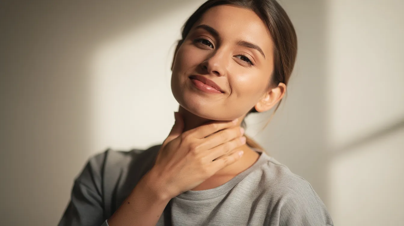 A confident and relaxed person gently touches their neck, showcasing a youthful appearance without surgery. This image suggests the benefits of advanced laser procedures like endolift for neck, which help tighten skin and improve texture with minimal downtime.