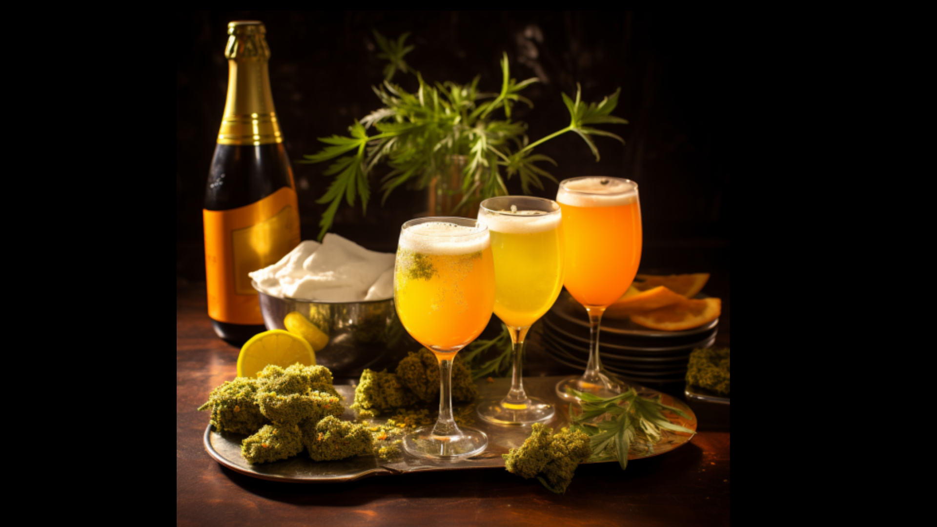 mimosa strain. table of mimosas, champagne, cannabis plant and nugs