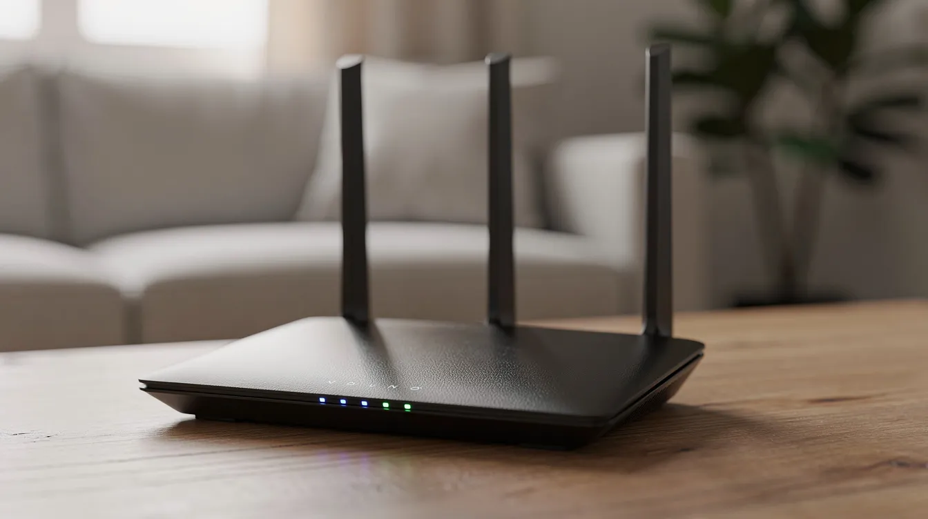 A close-up view of a sleek modern wireless router, featuring glowing indicator lights, set against a cozy home environment. This device is essential for accessing IPTV services, enabling users to watch live TV channels and stream content on their smart TVs and other devices.