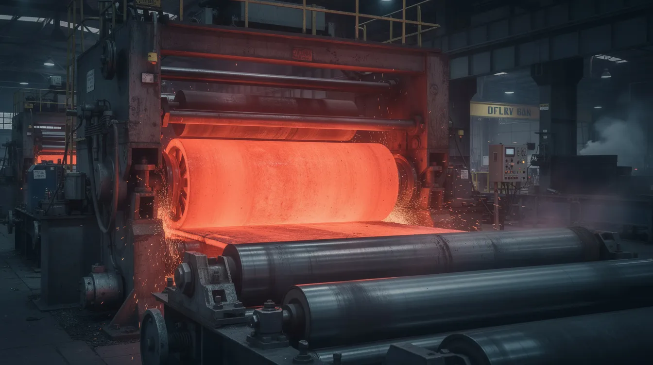 A glowing red-hot steel slab is being processed through industrial rolling mill machinery, showcasing the intense heat involved in the hot rolled steel production. This high-temperature rolling process transforms raw materials into hot rolled products, which are essential for various steel applications, including construction and automotive industries.