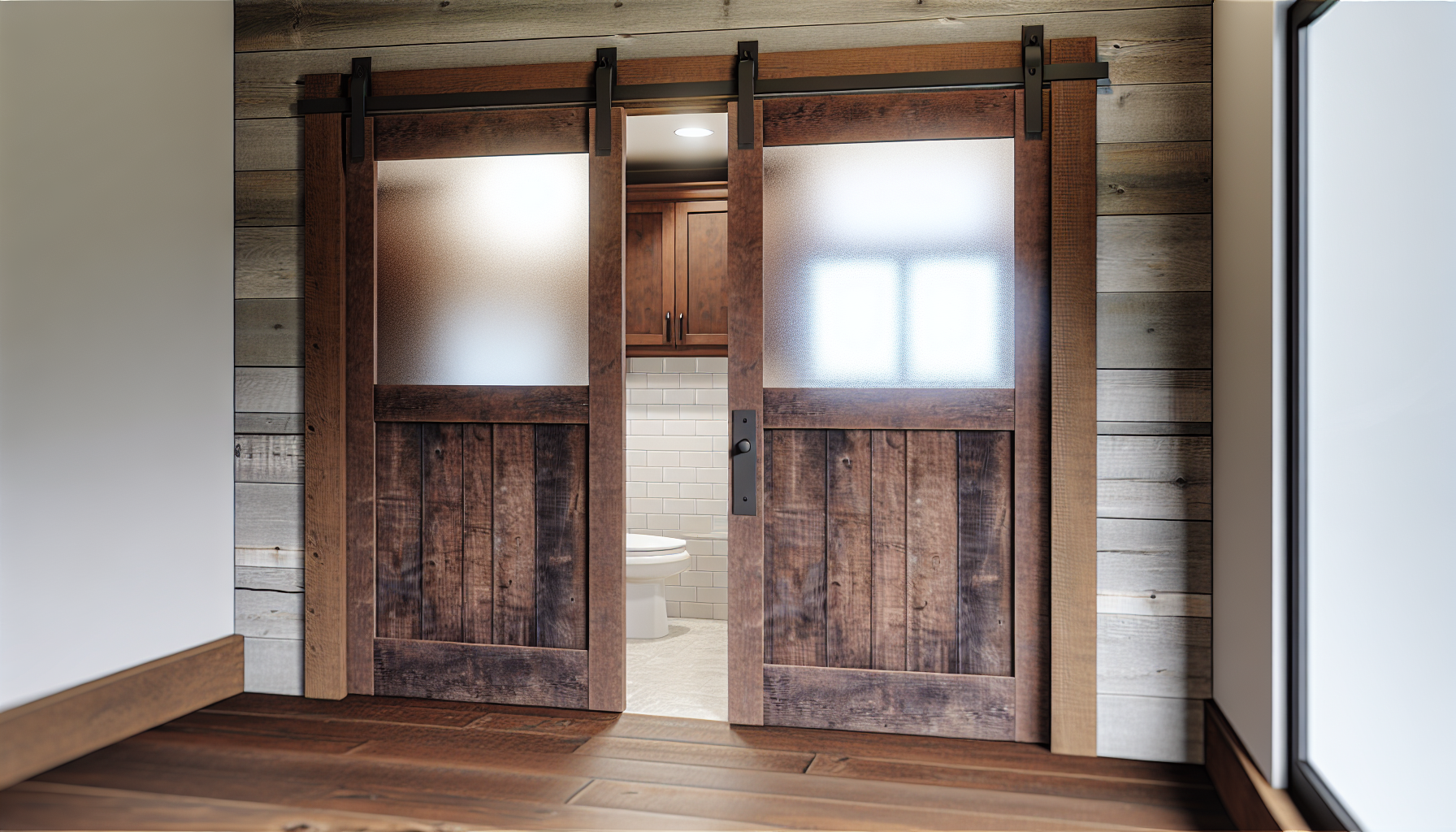 Sliding barn door with frosted glass panels