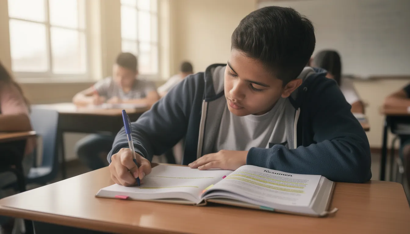 Bir öğrenci, Türkçe bir redaksiyon yaparak özet yazıyor. Masanın üzerinde defter ve kalem bulunuyor, öğrenci dikkatle yazmaya odaklanmış.
