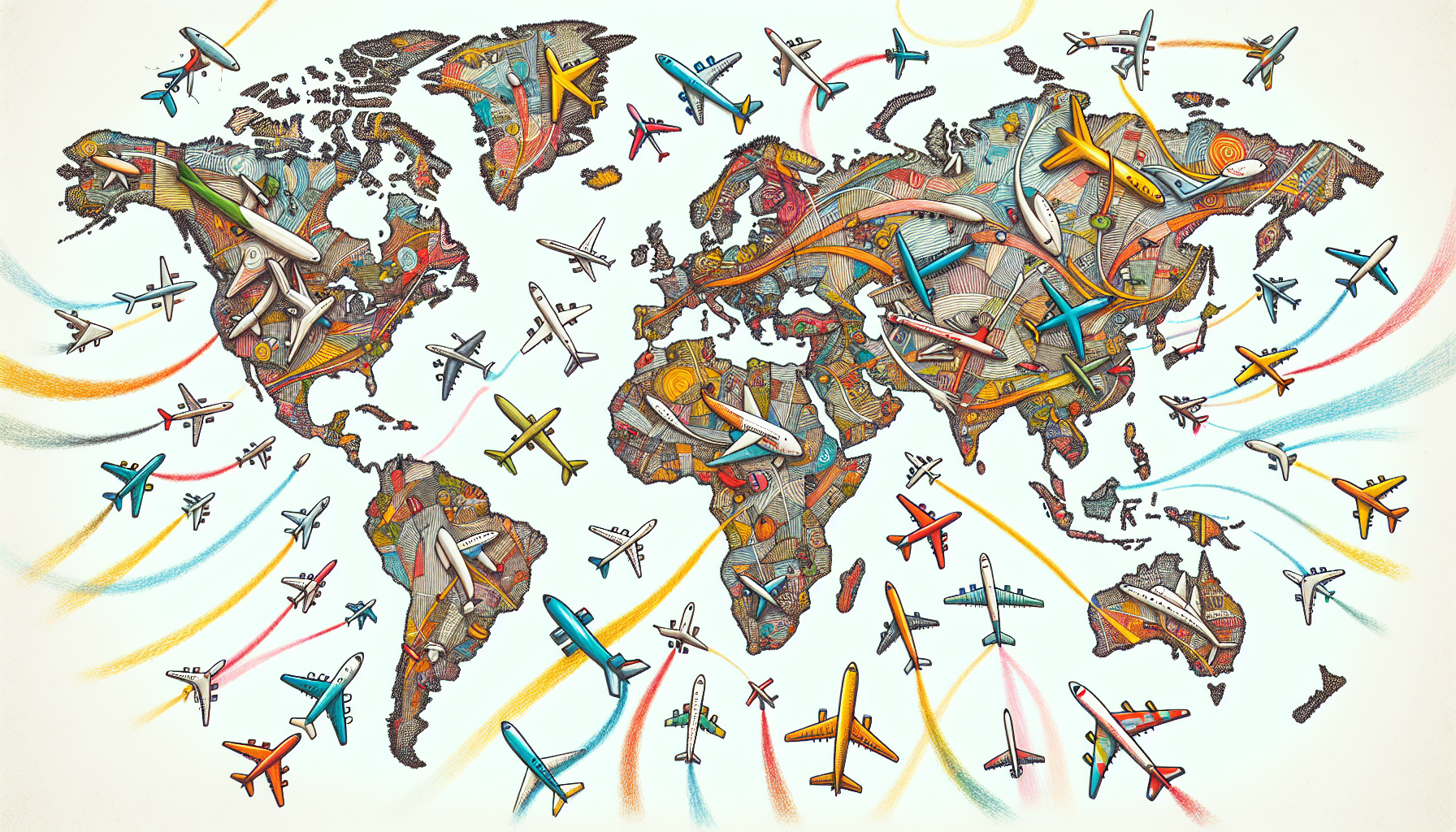 A colorful and whimsical illustration of a world map with airplanes flying around it