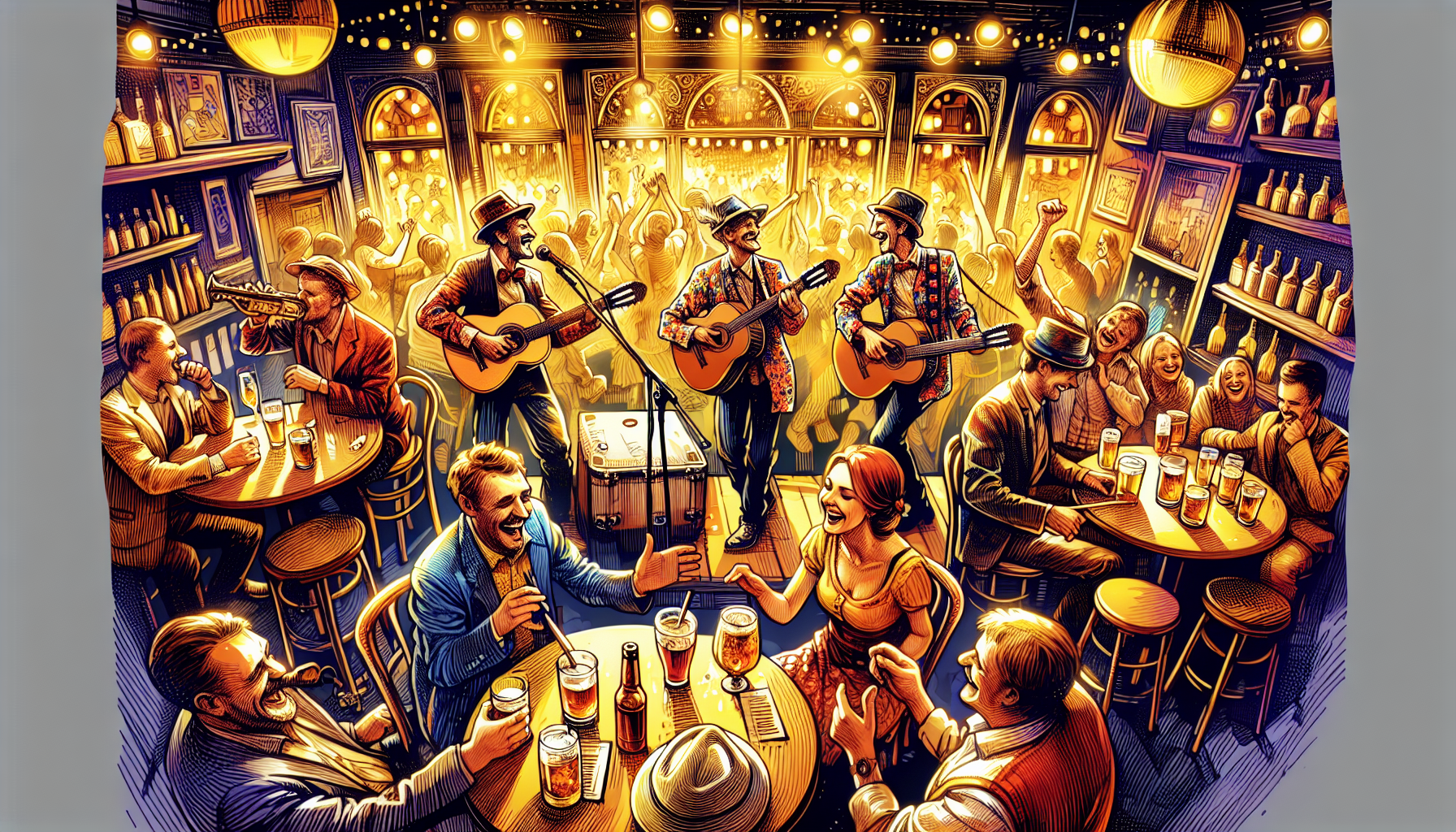 En livlig bar scene med live musik i Krakow, der indfanger essensen af nattelivet.