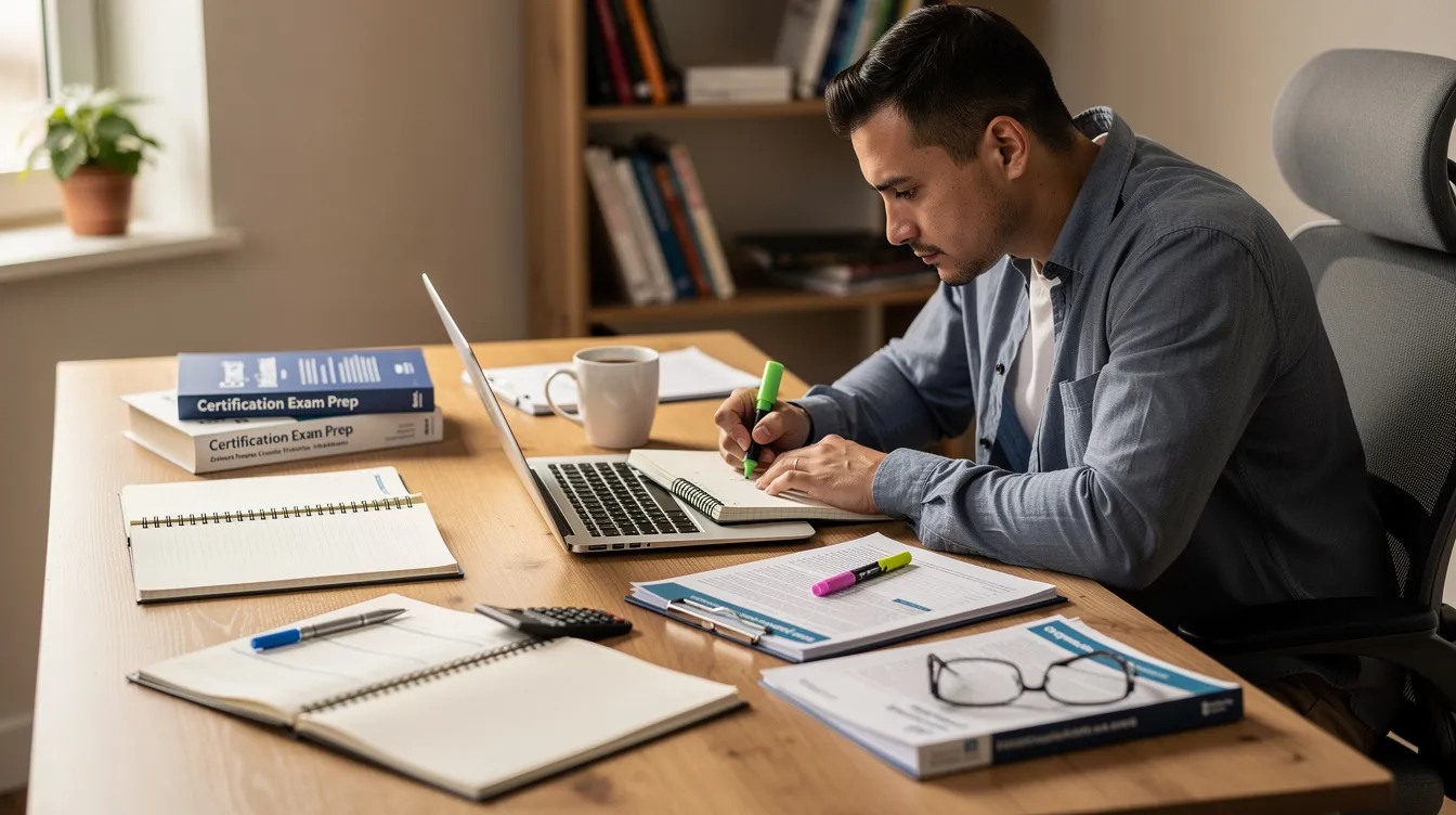 A person is studying at a desk, surrounded by a laptop, notes, and certification study materials, focusing on their transition into cybersecurity roles. This scene reflects the dedication of many veterans utilizing VA benefits and resources to prepare for highly sought-after careers in information technology.