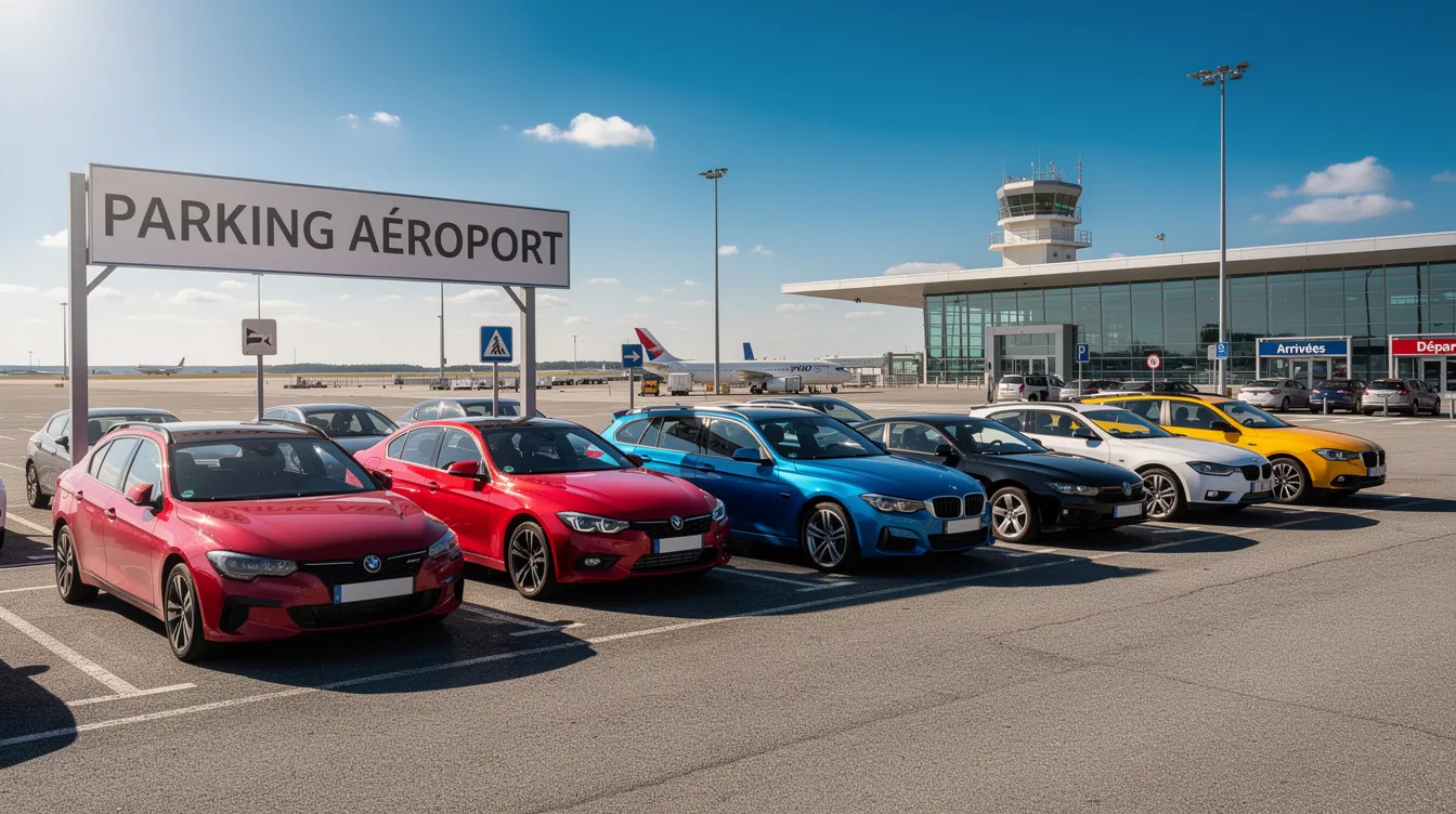 Un parking d'aéroport à Marrakech, avec plusieurs voitures de différentes couleurs soigneusement alignées sous un ciel ensoleillé, offrant aux voyageurs une variété d'options pour la location de voitures. Ce lieu est idéal pour récupérer un véhicule et commencer un voyage à travers la ville et ses alentours.