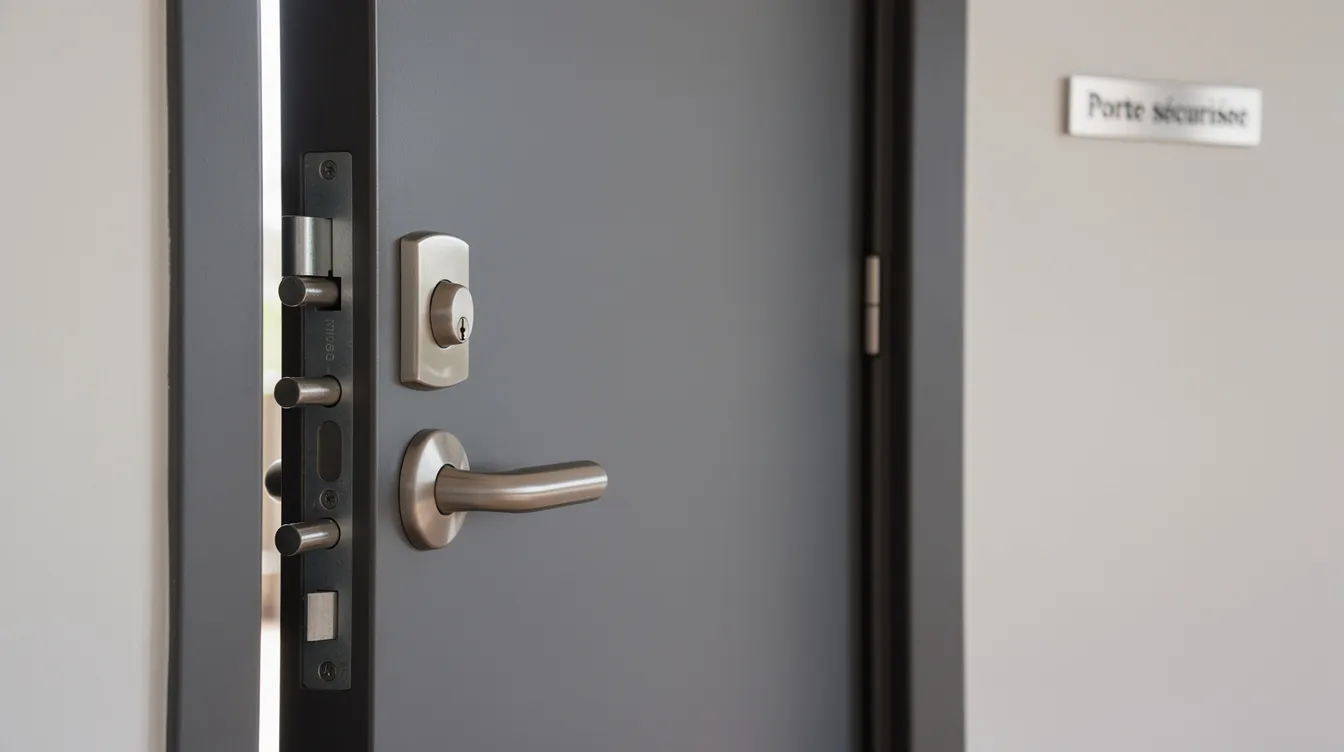 Une porte renforcée avec une serrure multipoints est installée, offrant une sécurité accrue pour les biens. Ce type de porte, souvent recommandé par un serrurier à Rennes, est idéal pour protéger votre domicile contre les effractions.