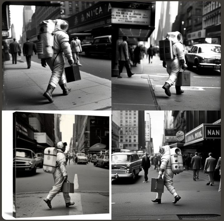 4 images of an astronaut in spacesuit carrying briefcase walking on busy New York street in 1950's. retro, photorealistic, Robert Doisneau