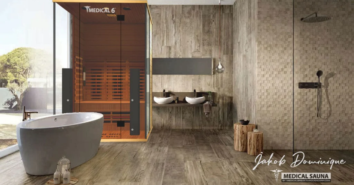 An image of the Medical 6 Ultra Full Spectrum Sauna in a luxury bathroom.