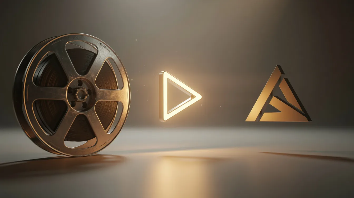 Die abstrakte filmische Komposition zeigt eine Filmrolle, einen Play-Button und ein stilisiertes Markenzeichen, alles in warmem Licht, was eine kreative Verbindung von Markenkommunikation und Unterhaltung suggeriert. Diese Darstellung könnte als Beispiel für Branded Content dienen, der die Zielgruppe durch visuelle Inhalte anspricht.