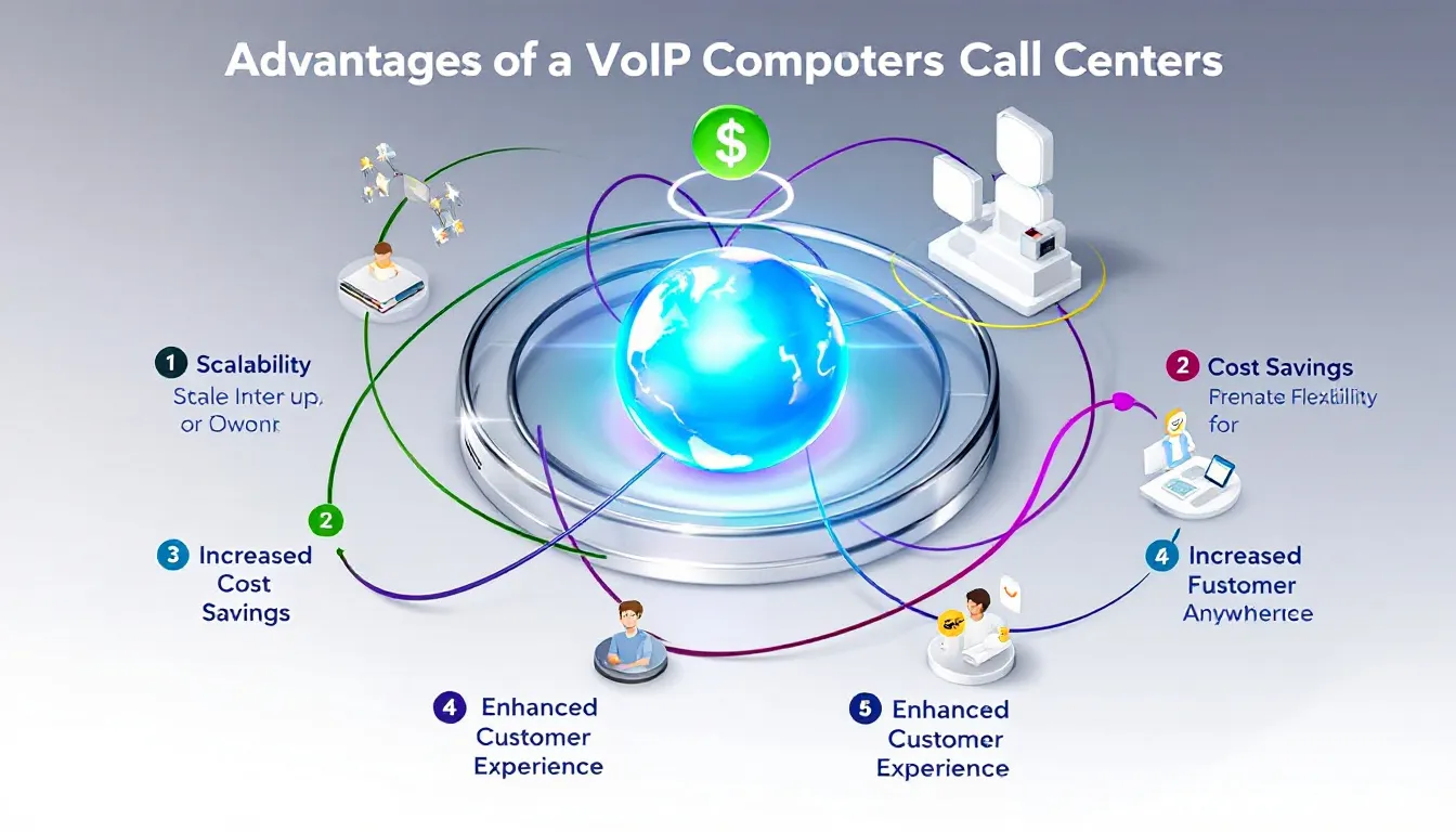 A diagram showing the benefits of implementing a VoIP call center solution.