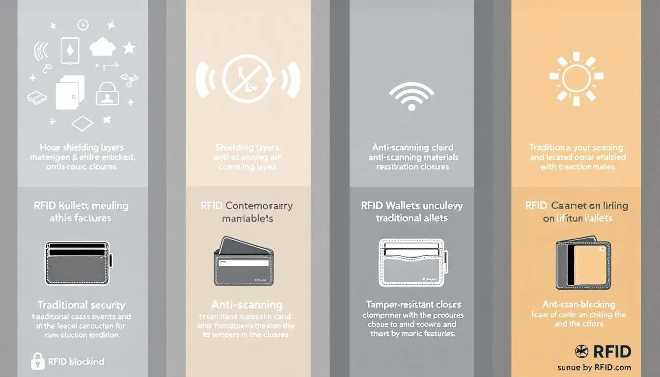 Verschillende soorten RFID portemonnees, waaronder moderne en traditionele stijlen.