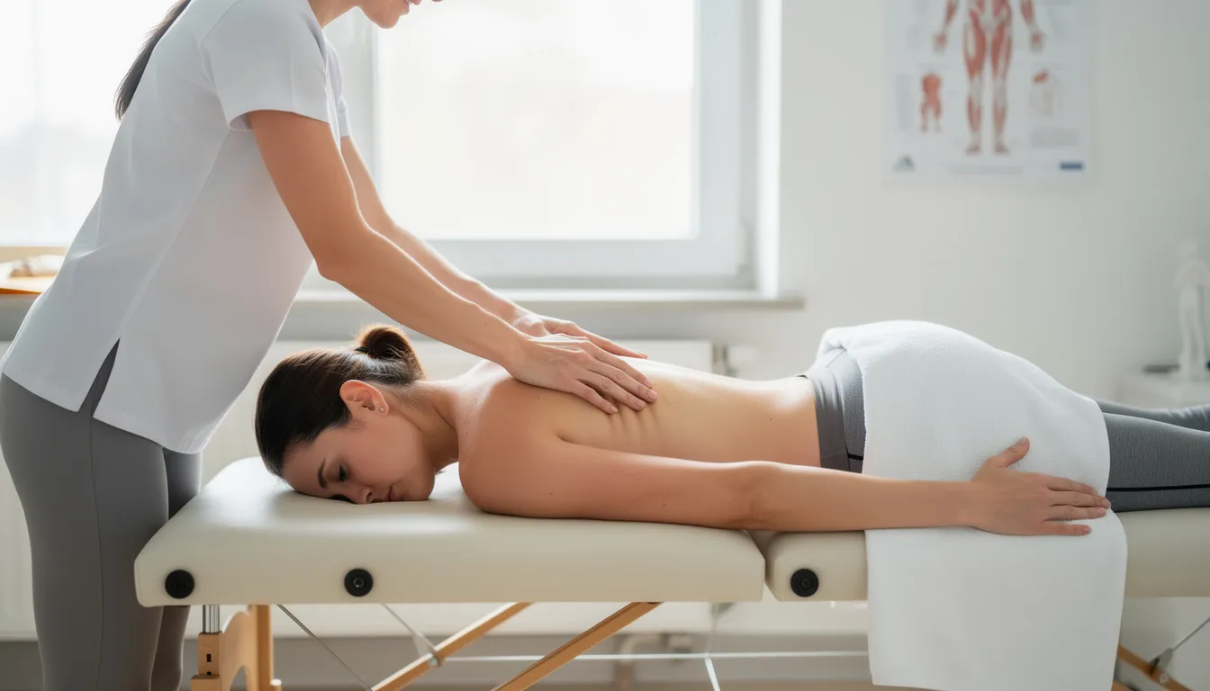 A person is receiving physiotherapy treatment focused on the back and rib area, addressing issues such as rib pain and upper back pain. The therapist is applying techniques to alleviate muscle stiffness and manage symptoms related to intercostal muscle strain and myofascial pain syndrome.