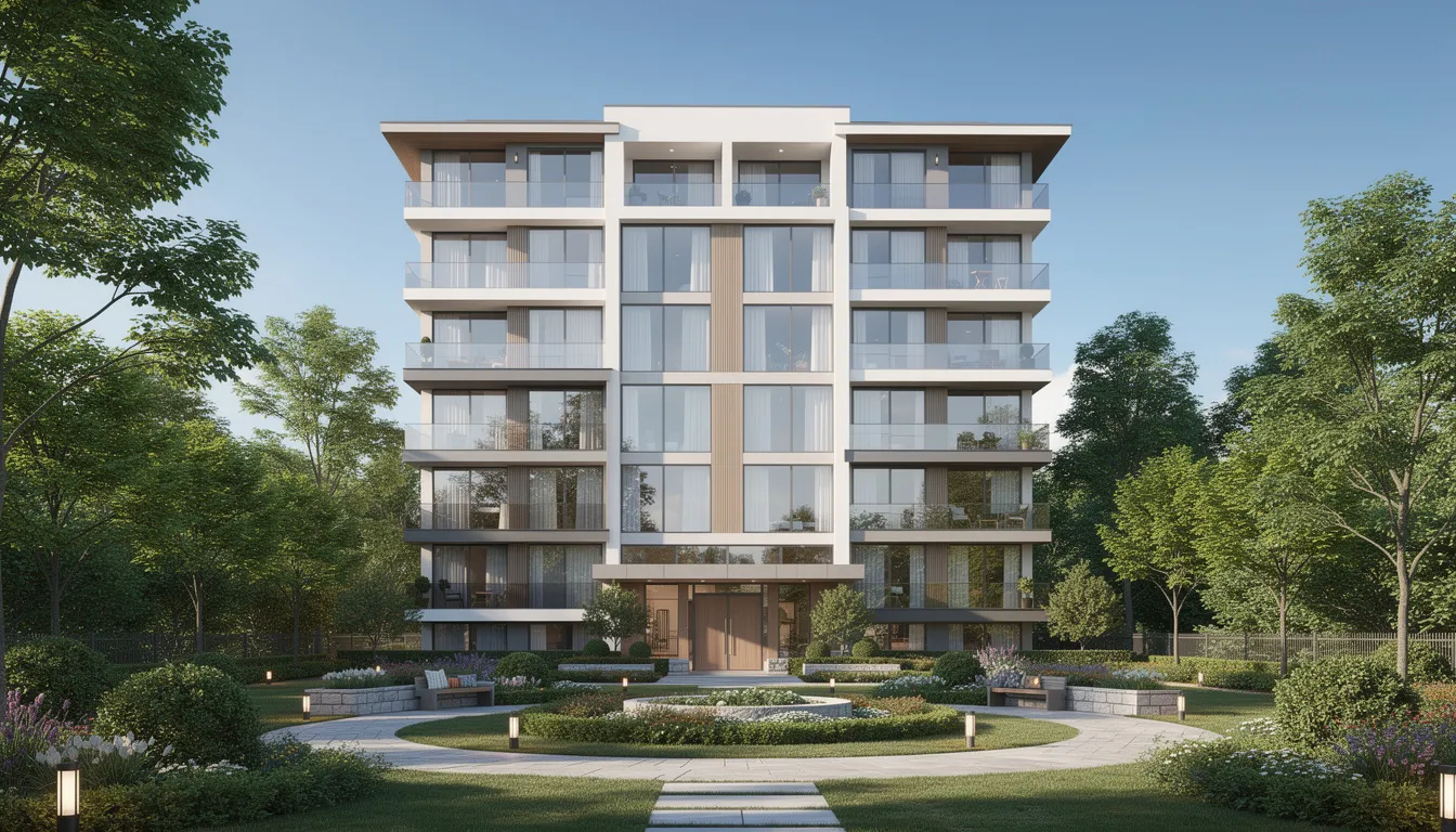 Na obrazie znajduje się nowoczesny budynek mieszkalny otoczony zielonymi drzewami i starannie zaprojektowanymi ogrodami, co tworzy spokojne otoczenie idealne do życia. Tego typu nieruchomości w dzielnicy Żoliborz, znane z doskonałej komunikacji i terenów zielonych, są często poszukiwane na warszawskim rynku nieruchomości.