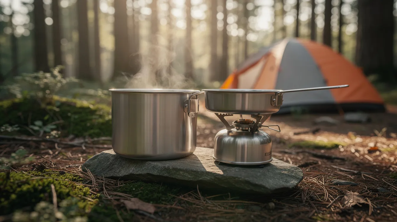 A stainless steel camping pot and skillet are placed beside a camp stove, surrounded by a serene forest campsite. The cookware set, ideal for car camping and outdoor enthusiasts, showcases a sturdy design perfect for campfire cooking and preparing meals during a camping trip.