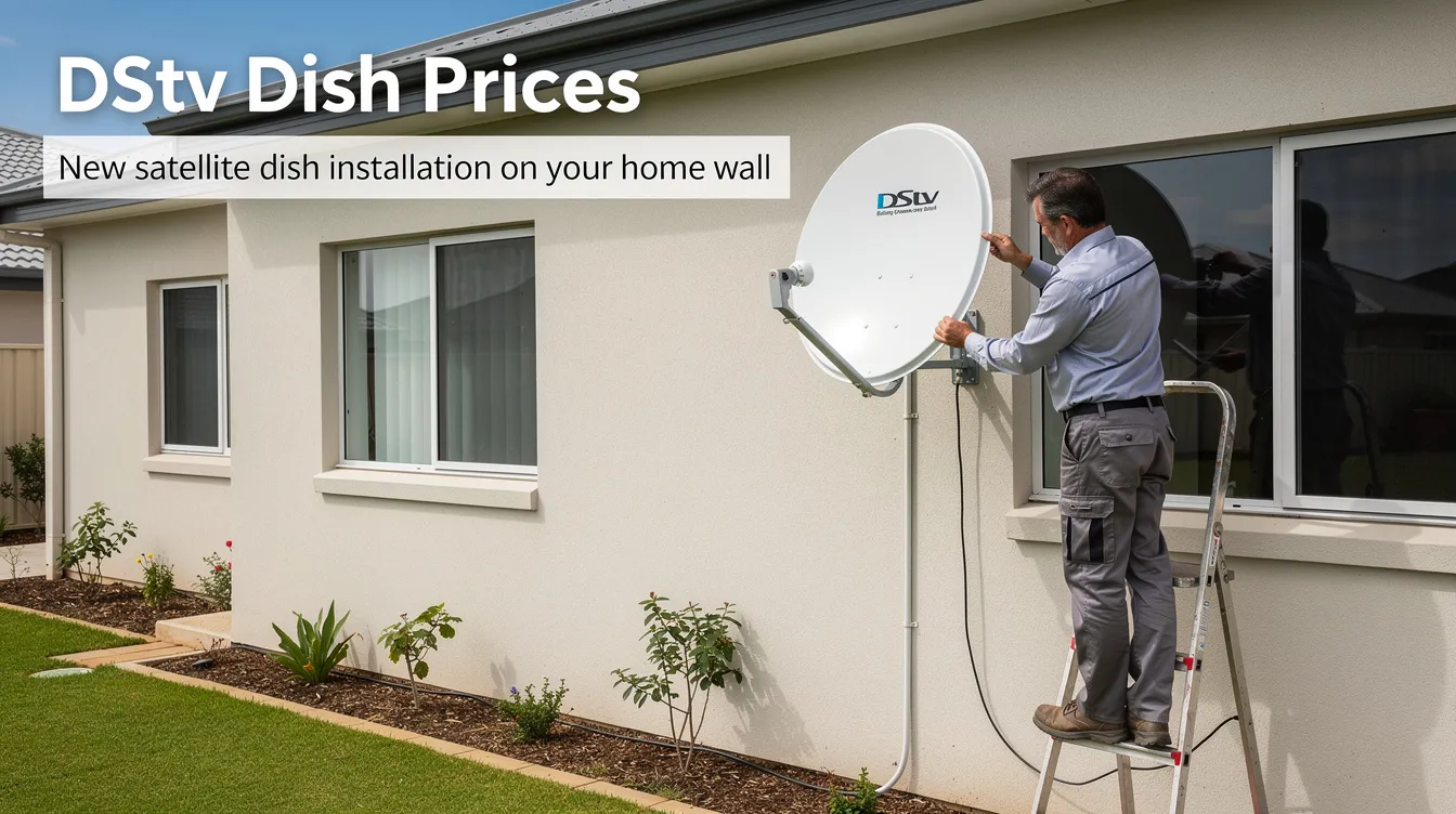 The image shows a newly installed DStv satellite dish mounted on a residential wall, complete with a smart LNB and cables connected to a TV point. This installation is designed to provide quality signal reception for DStv decoders, ensuring viewers enjoy their favorite shows without signal problems.
