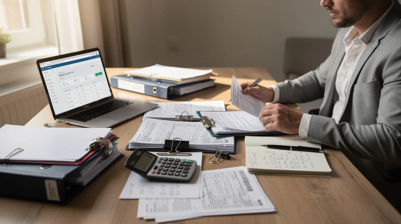 The image depicts a person diligently organizing various financial documents and bank statements on a desk, highlighting their focus on managing business finances. This scene reflects the importance of maintaining a satisfactory credit track record for small business owners seeking financial assistance through schemes like the Pradhan Mantri Mudra Yojana.