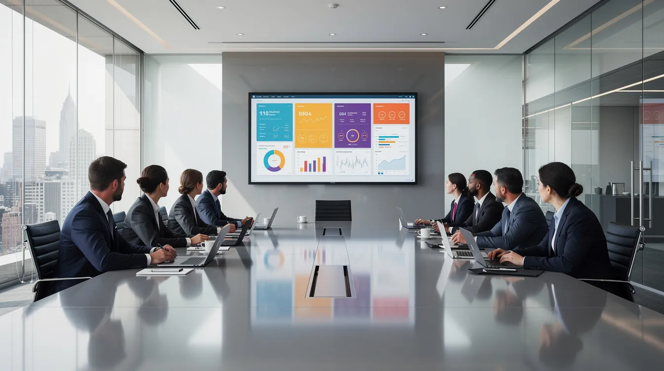 A professional executive team is gathered in a modern conference room, discussing their cybersecurity strategy while reviewing data displayed on a large screen. The meeting focuses on proactive threat detection and risk management to address potential cyber threats and ensure robust security measures for protecting sensitive data.