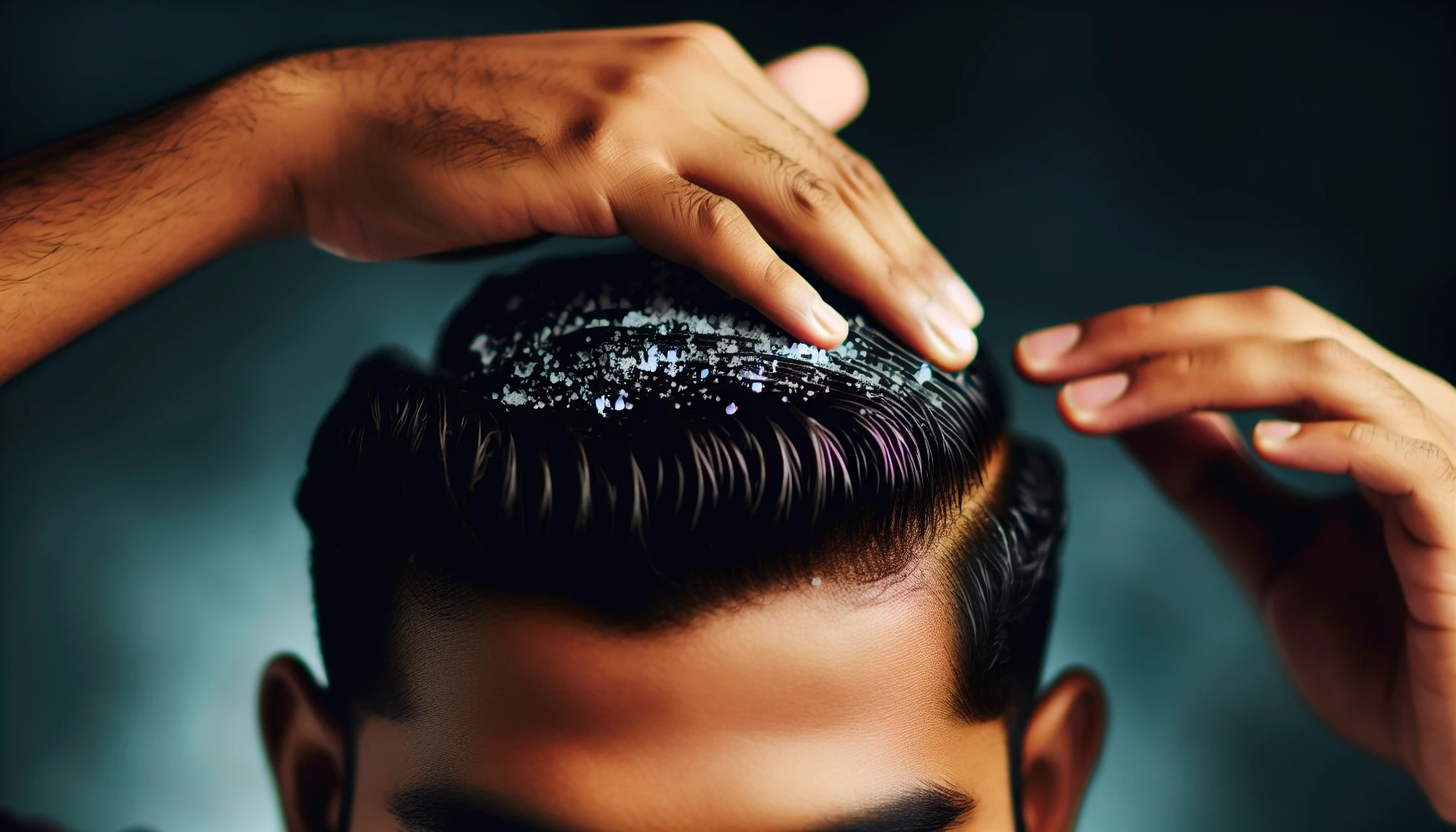 A close-up of a man applying a scalp scrub with Epsom salt