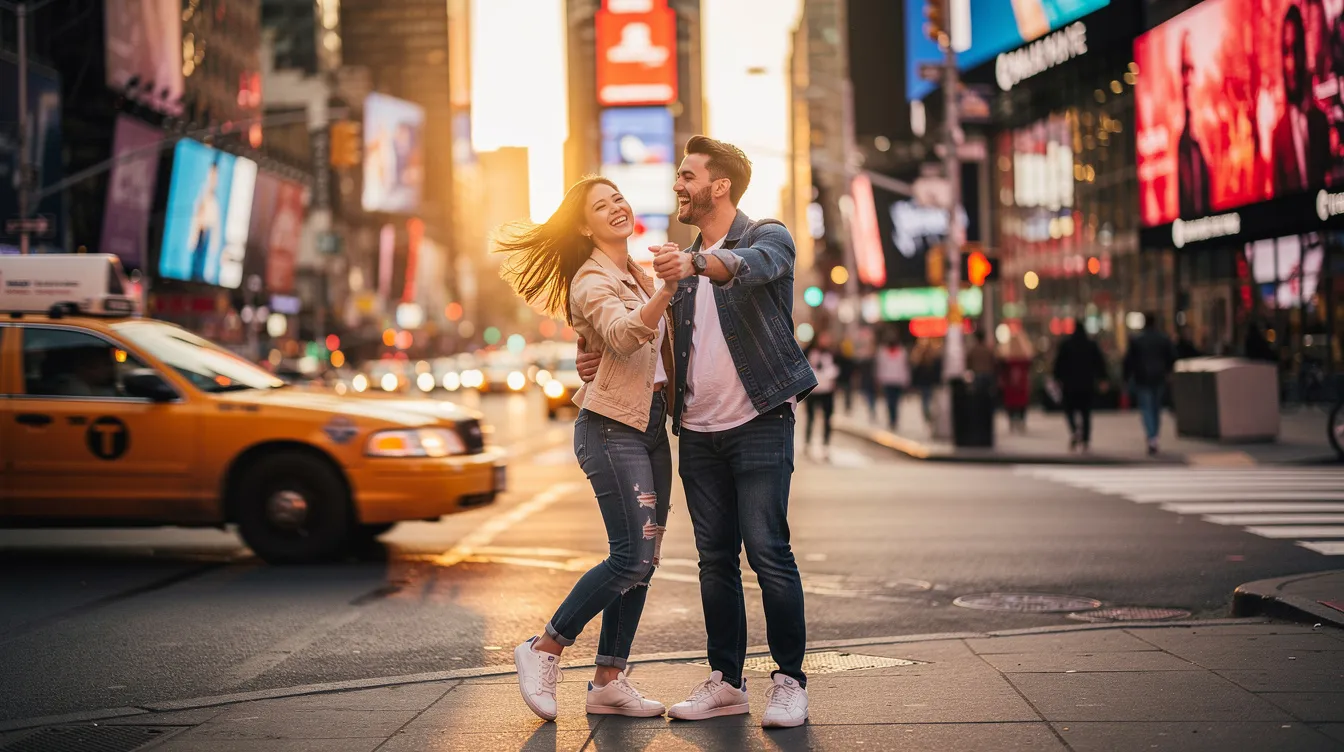 A couple enjoys a fun date in New York City, sharing laughter and engaging in real conversation as they explore the vibrant city together. Their connection reflects intentional dating, focusing on building a meaningful relationship while navigating the early stages of their journey together.