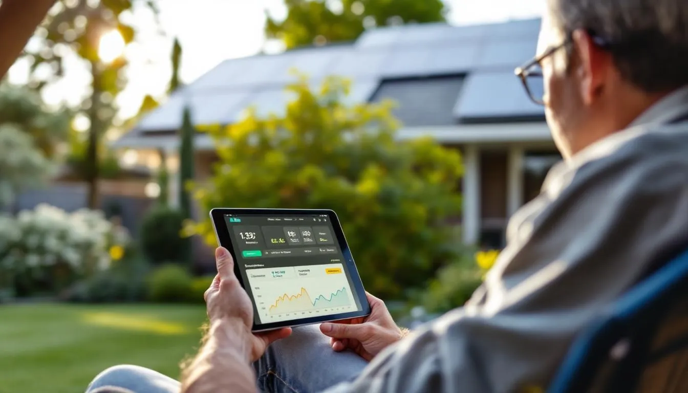 A homeowner in India is intently reviewing solar system monitoring data on a tablet, which displays information about energy production and savings from their solar panels. This analysis helps them understand the performance of their on grid solar system and manage their electricity bills effectively.