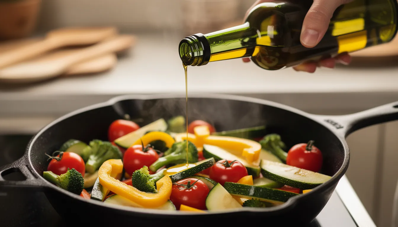 A person's hands are gently drizzling macadamia nut oil from a dark glass bottle over a colorful array of fresh vegetables in a cooking pan, highlighting the healthy benefits of incorporating oils rich in oleic acid into a balanced diet. The scene emphasizes the connection between nutritious foods and overall health, including skin hydration and longevity.