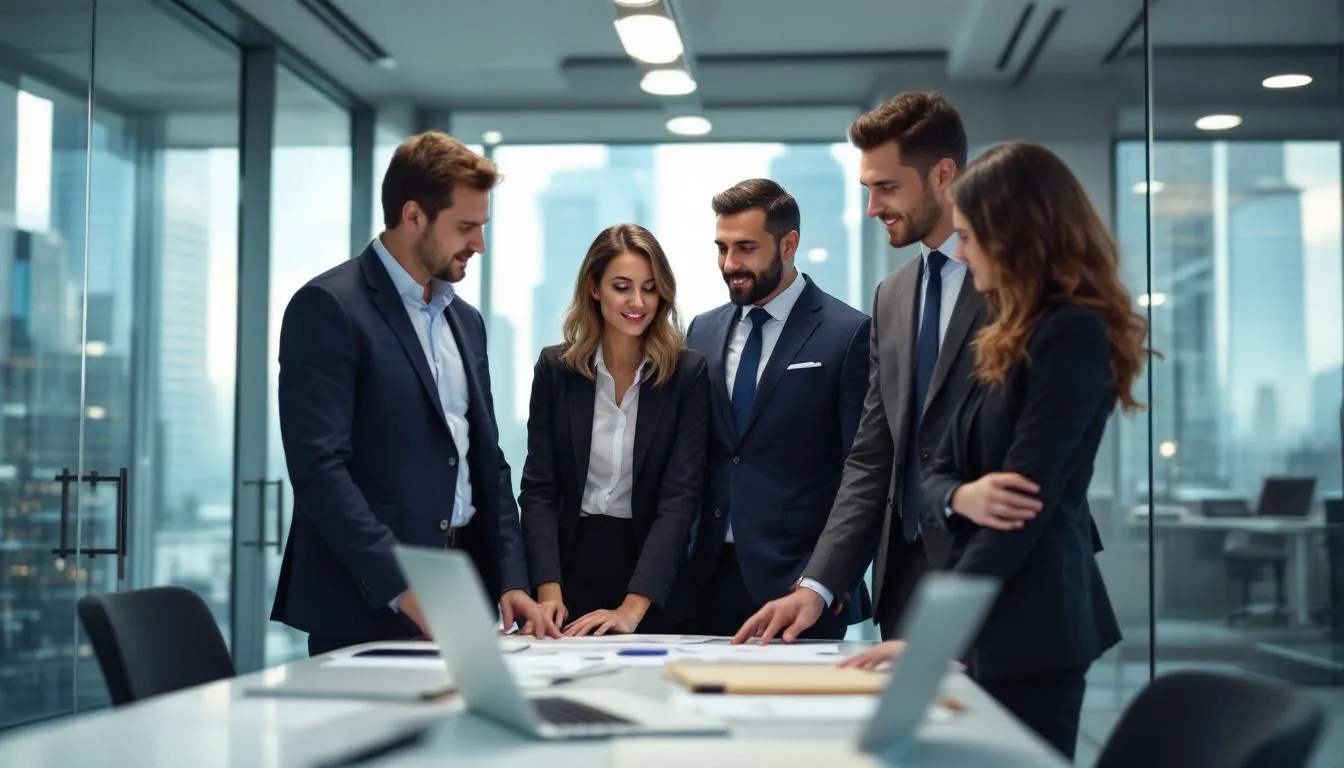 The image depicts a group of professional immigration consultants in Oman, engaged in a discussion about the Canadian immigration process. They are showcasing their expertise in providing immigration services, including free online visa assessments and guidance for skilled immigration and permanent residency applications.