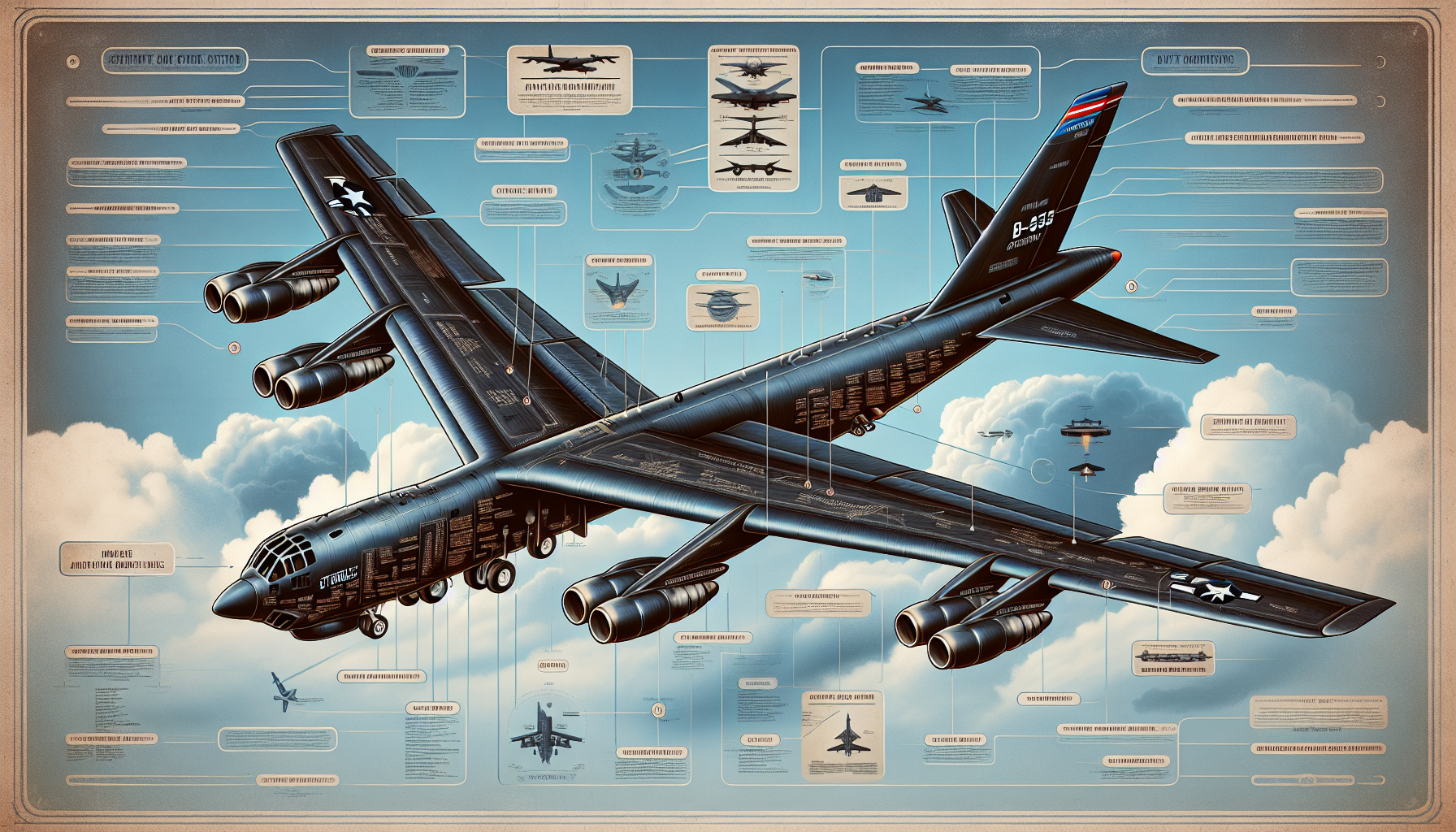 A detailed illustration of the B-52 Stratofortress showcasing its design and features.