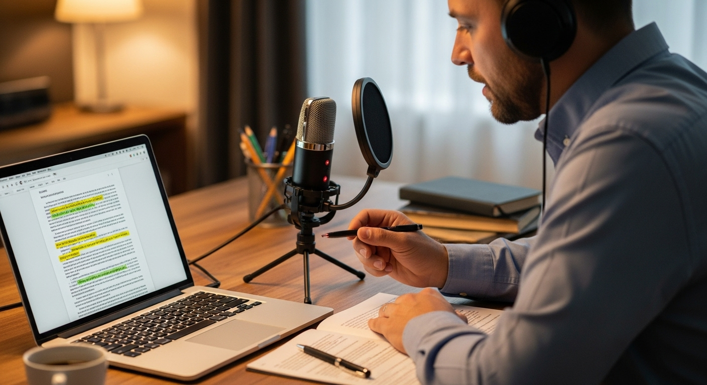 Instructor recording audio feedback for a student paper using a laptop and microphone.