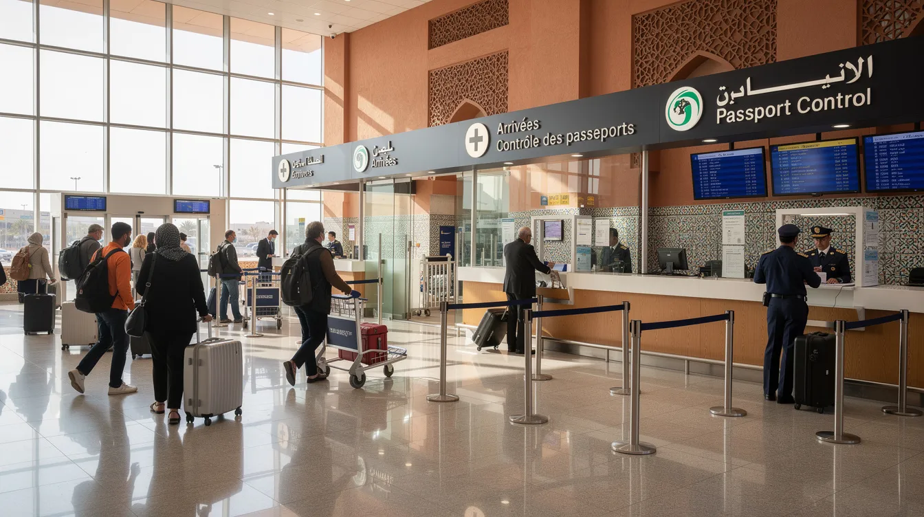 The image depicts a busy Moroccan airport terminal where travelers are seen walking through the customs area, navigating their way through regulatory checks. The atmosphere is filled with anticipation as people prepare for their trips, while signs about vaping regulations and consumer protection can be spotted in the background, reflecting Morocco's evolving stance on vaping products and tobacco laws.