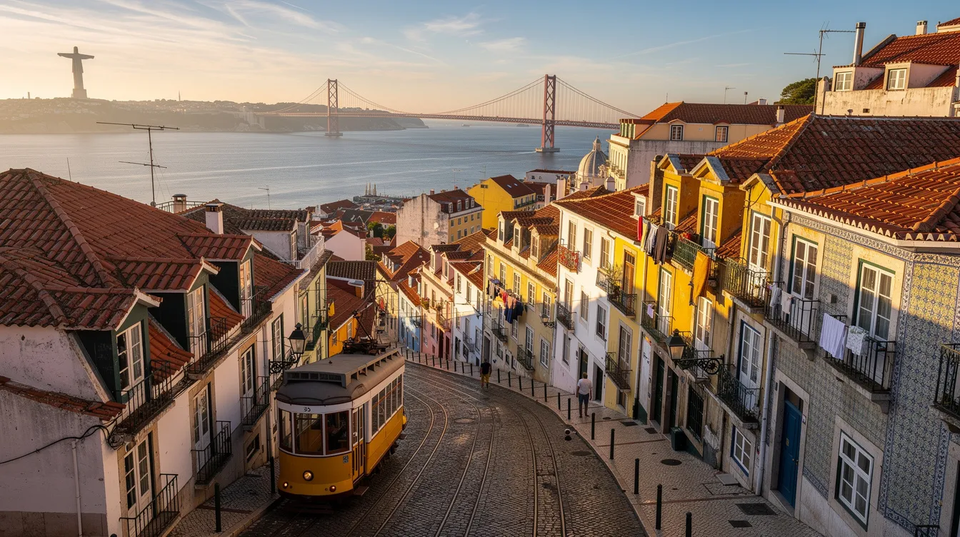 Imagem de Lisboa, Portugal, com vista panorâmica do rio Tejo e da Serra da Arrábida ao fundo, destacando as características urbanas da cidade. A imagem captura a beleza da capital portuguesa, com suas construções históricas e a proximidade do mar, perfeita para quem busca experiências únicas em destinos como Setúbal e Sesimbra.