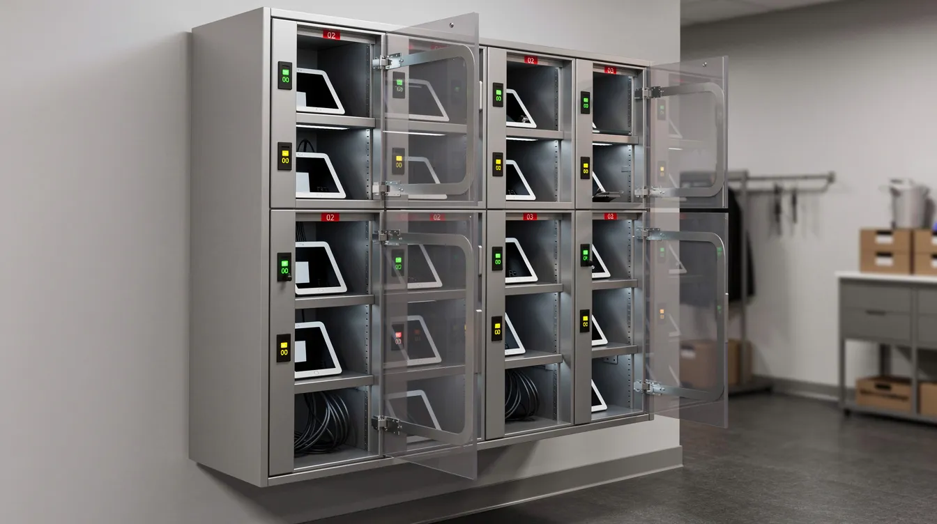 The image depicts a smart locker cabinet designed for mobile devices, featuring individual bays for tablets, each equipped with LED indicators that display the charge status. This setup is ideal for optimizing the mobile checkout experience in a back-of-house area, ensuring that mobile users can efficiently manage their devices.