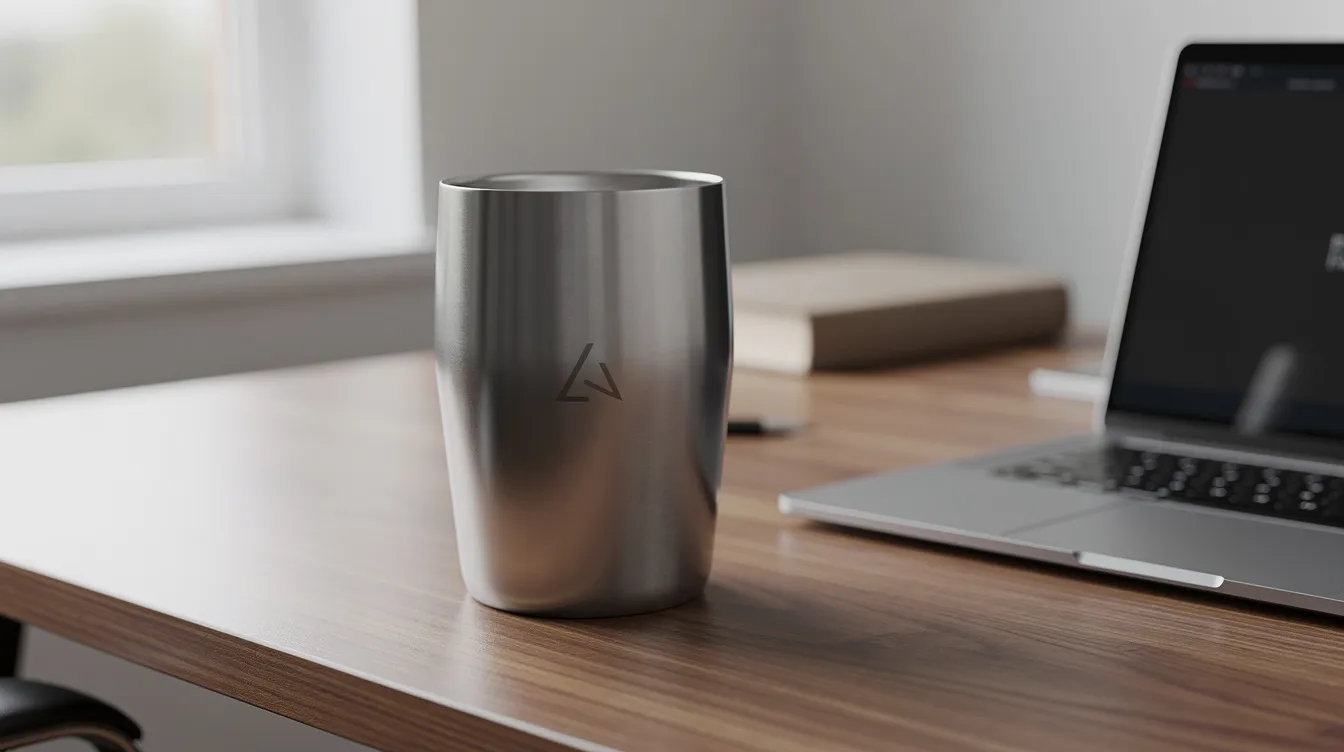 Na biurku obok laptopa znajduje się stalowy kubek termiczny z subtelnym logo firmy, który może być doskonałym przykładem praktycznych upominków reklamowych, zwiększających rozpoznawalność marki wśród potencjalnych klientów.