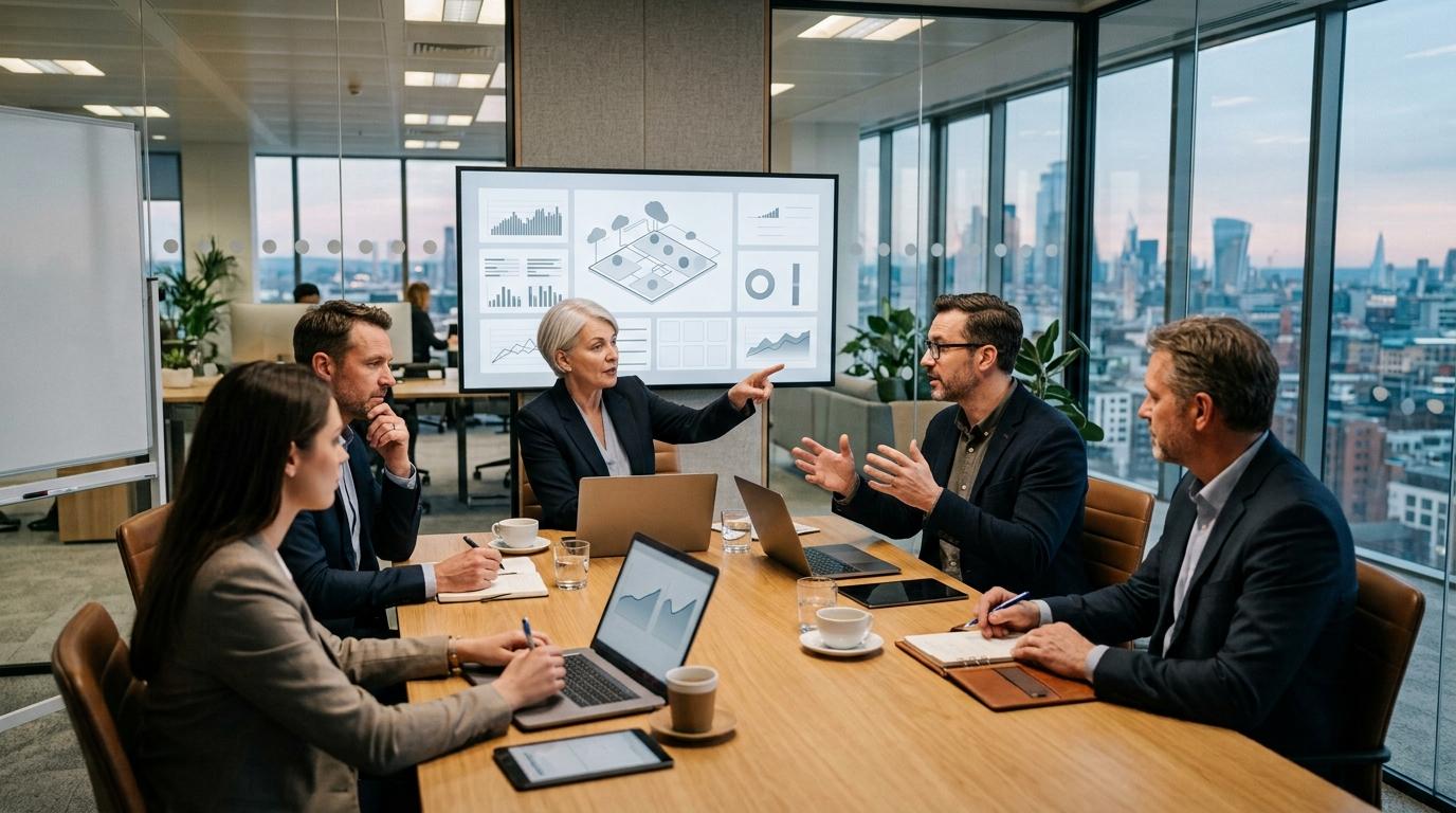Business executives and IT leaders evaluating cloud-based hands-on lab platforms during a strategic planning meeting in a modern enterprise office.