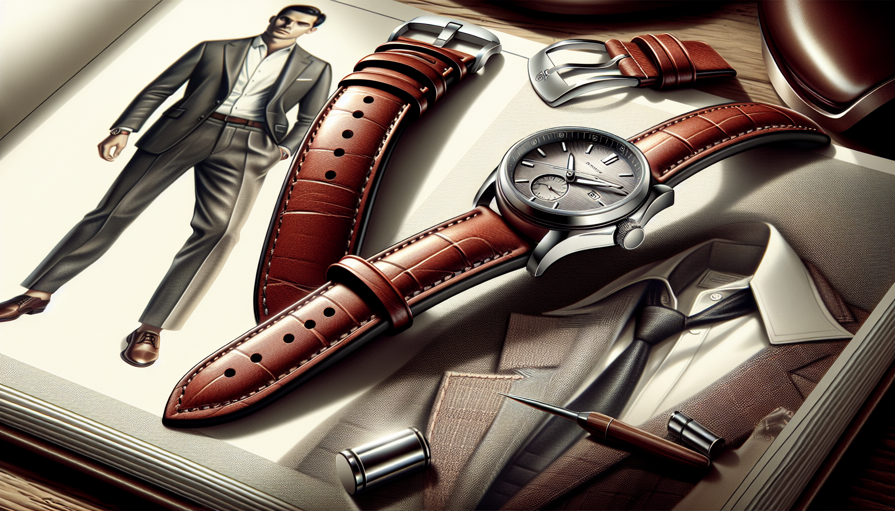 Illustration of a leather watch band on a stylish timepiece