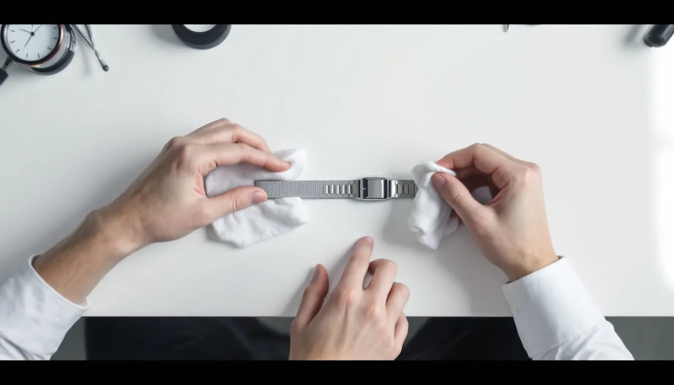 A person cleaning a Seiko watch strap with a soft cloth.