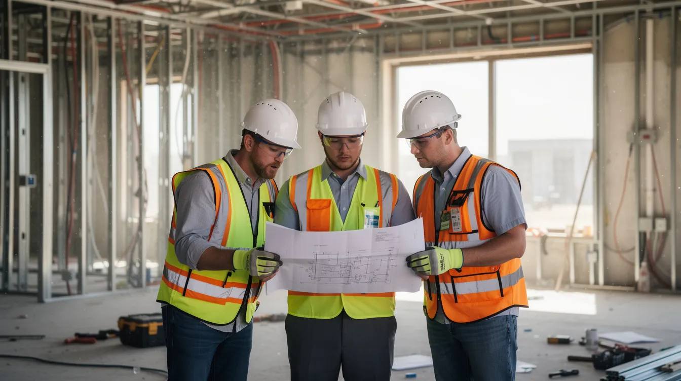 Construction supervisor reviewing plans with two early-career workers on a commercial jobsite.