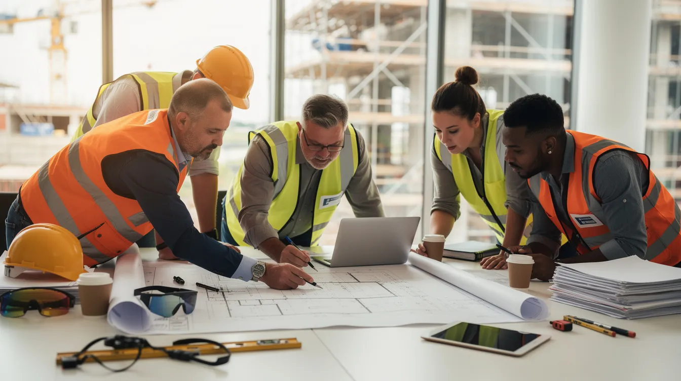 A construction team is gathered around a table, closely reviewing blueprints and project documents, discussing project costs and timelines for their upcoming construction projects. The scene highlights the collaboration among project managers and construction estimators as they strategize to manage project complexity and ensure accurate estimates for future projects.