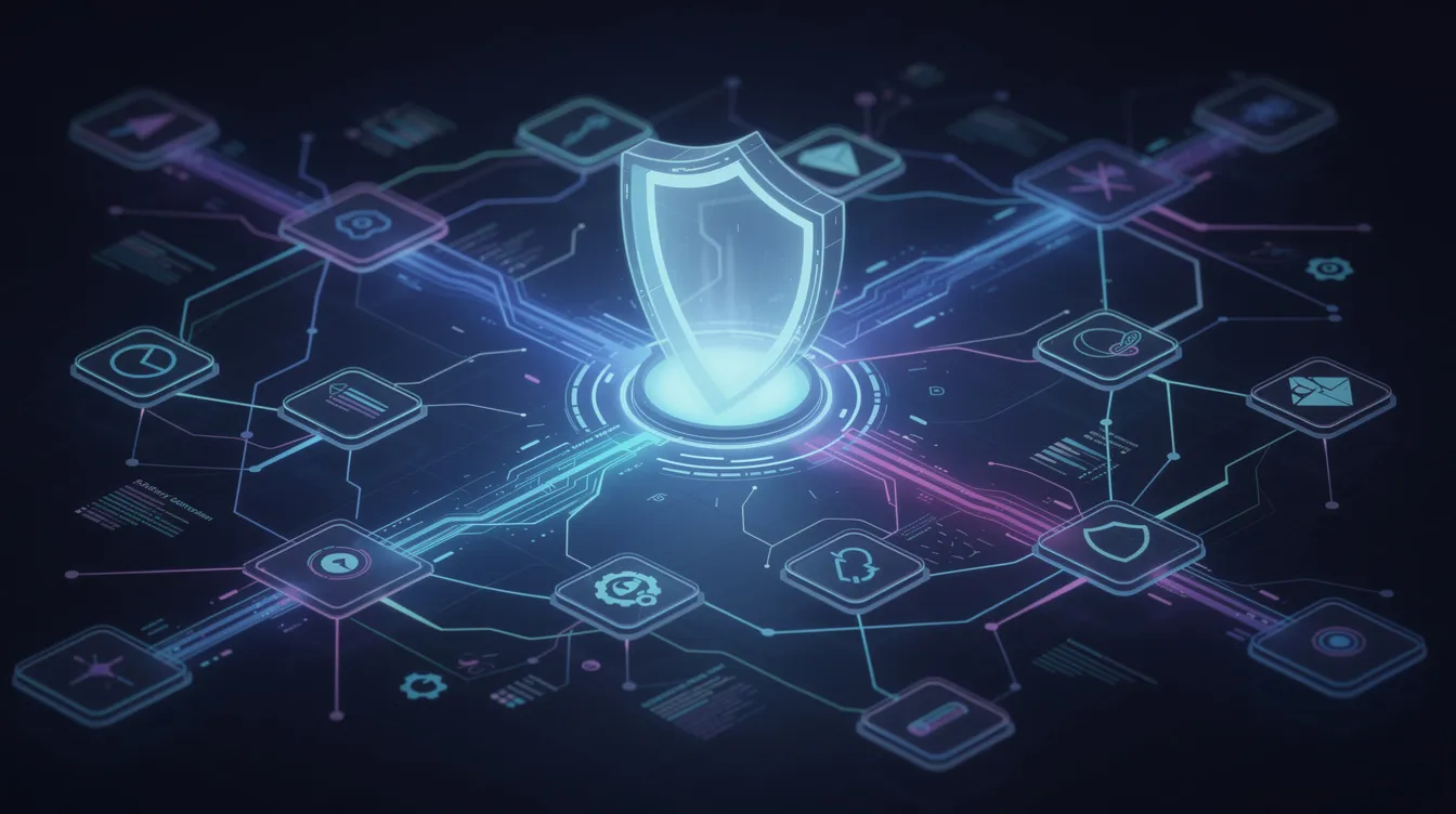 The image depicts a digital shield at the center, surrounded by interconnected nodes that symbolize various security tools and data sources. This visual representation highlights the integration of artificial intelligence in cybersecurity, showcasing how AI systems assist security teams in threat detection and managing cyber threats effectively.